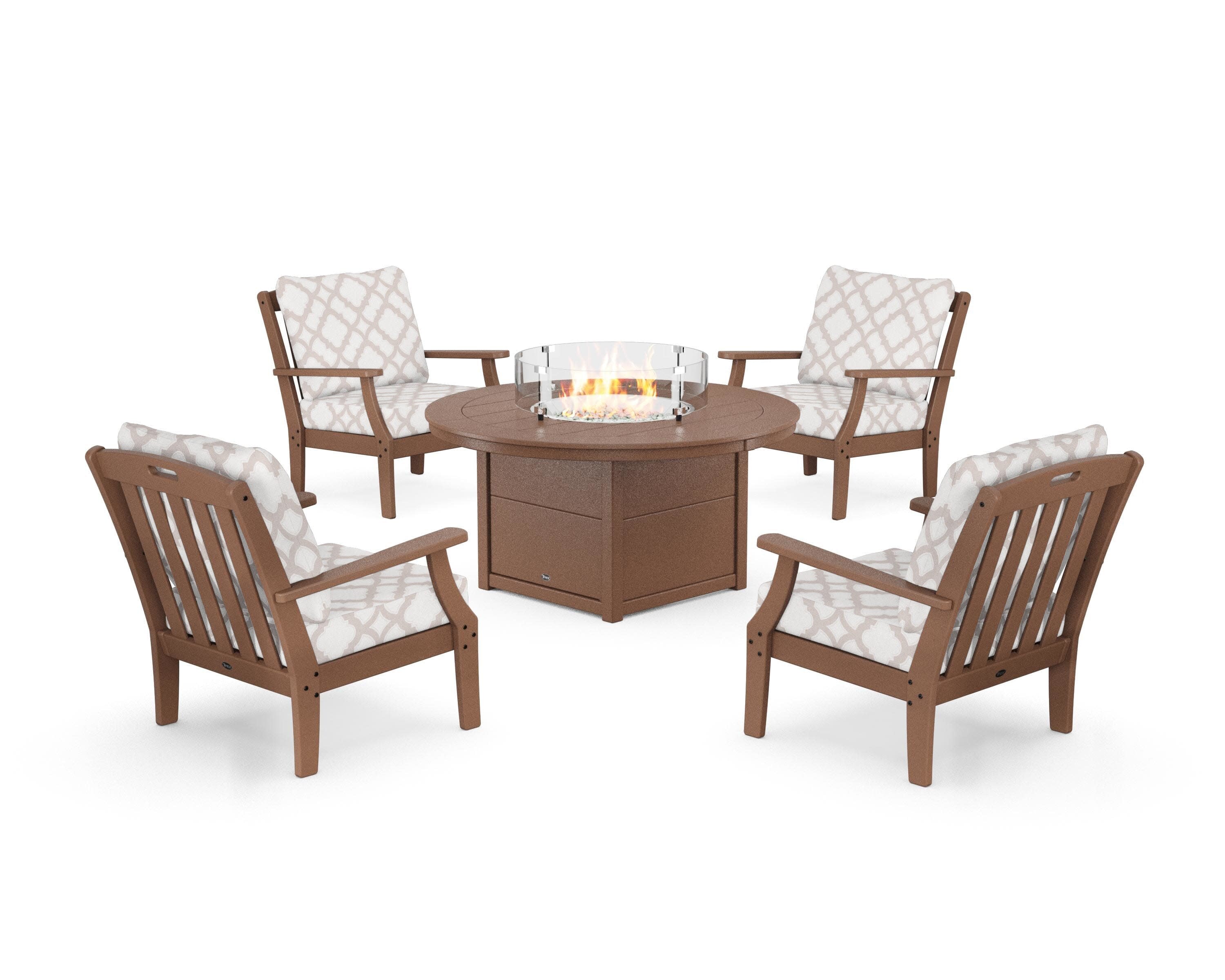 Yacht Club 5-Piece Deep Seating Set with Round Fire Pit Table in Tree House / Trellis Dune Burlap