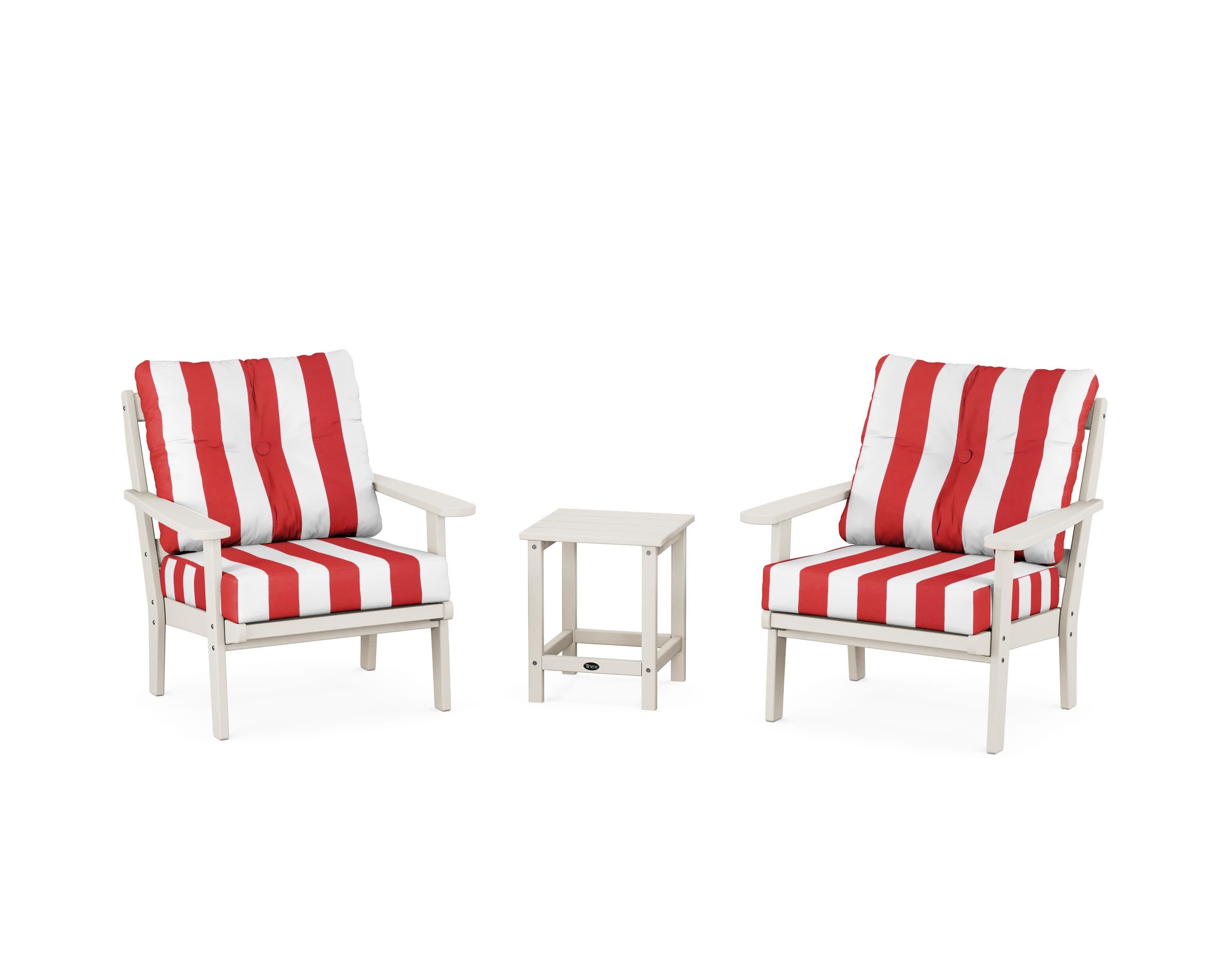 Cape Cod 3-Piece Deep Seating Set in Sand Castle / Cabana Stripe Crimson