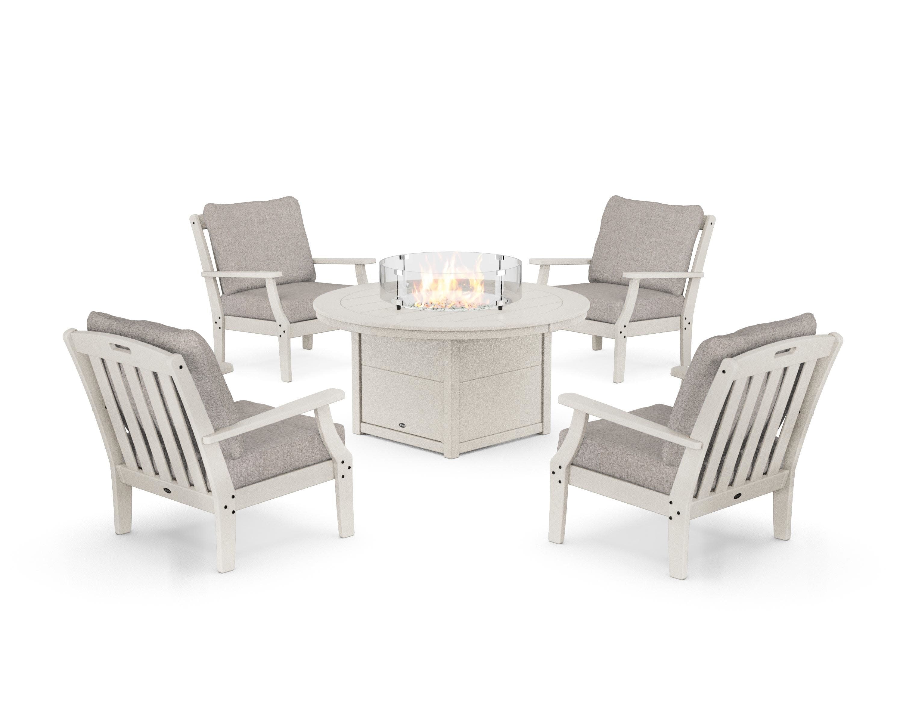 Yacht Club 5-Piece Deep Seating Set with Round Fire Pit Table in Sand Castle / Weathered Tweed