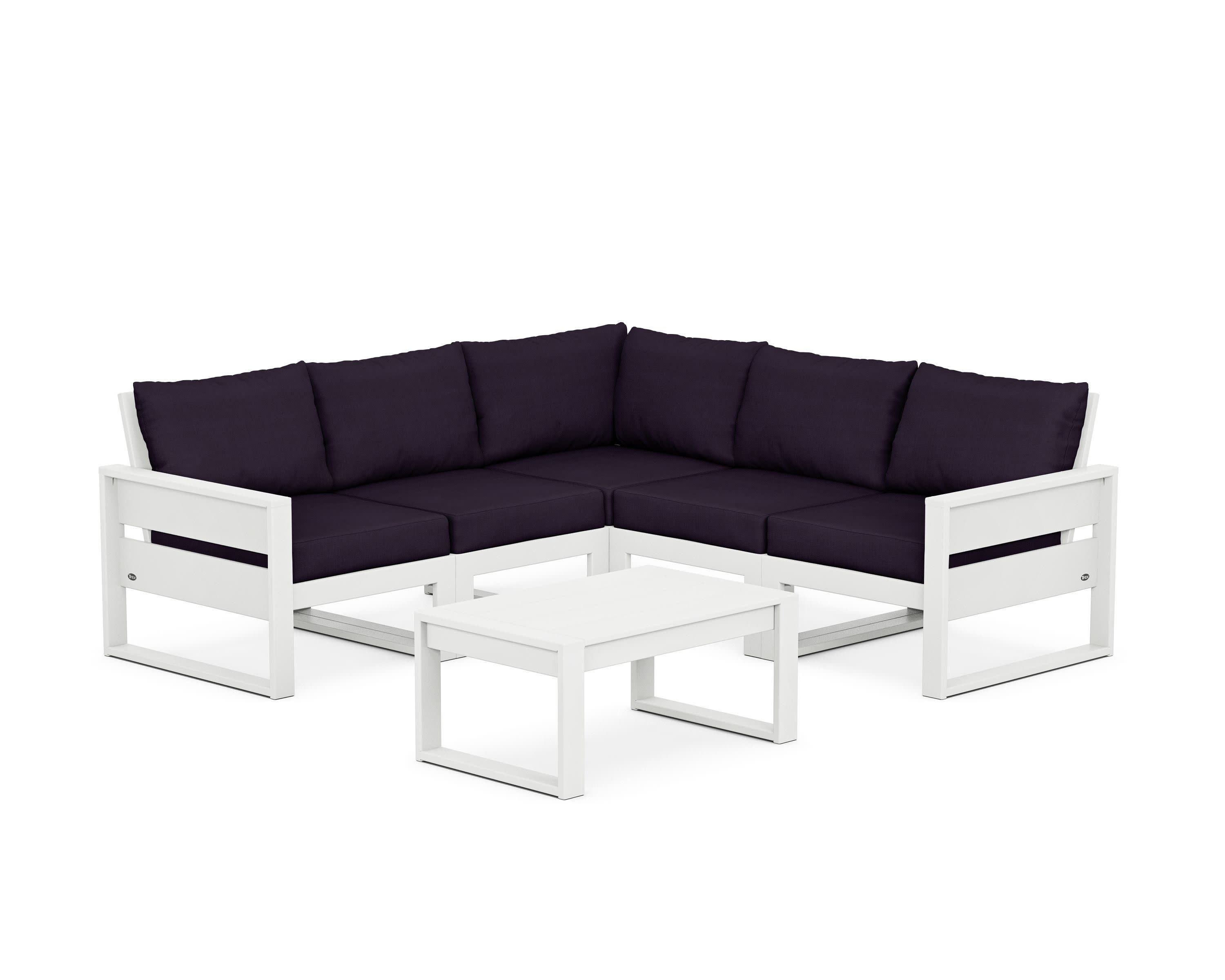Eastport 6-Piece Deep Seating Sectional + Coffee Table Set in Classic White / Navy Linen