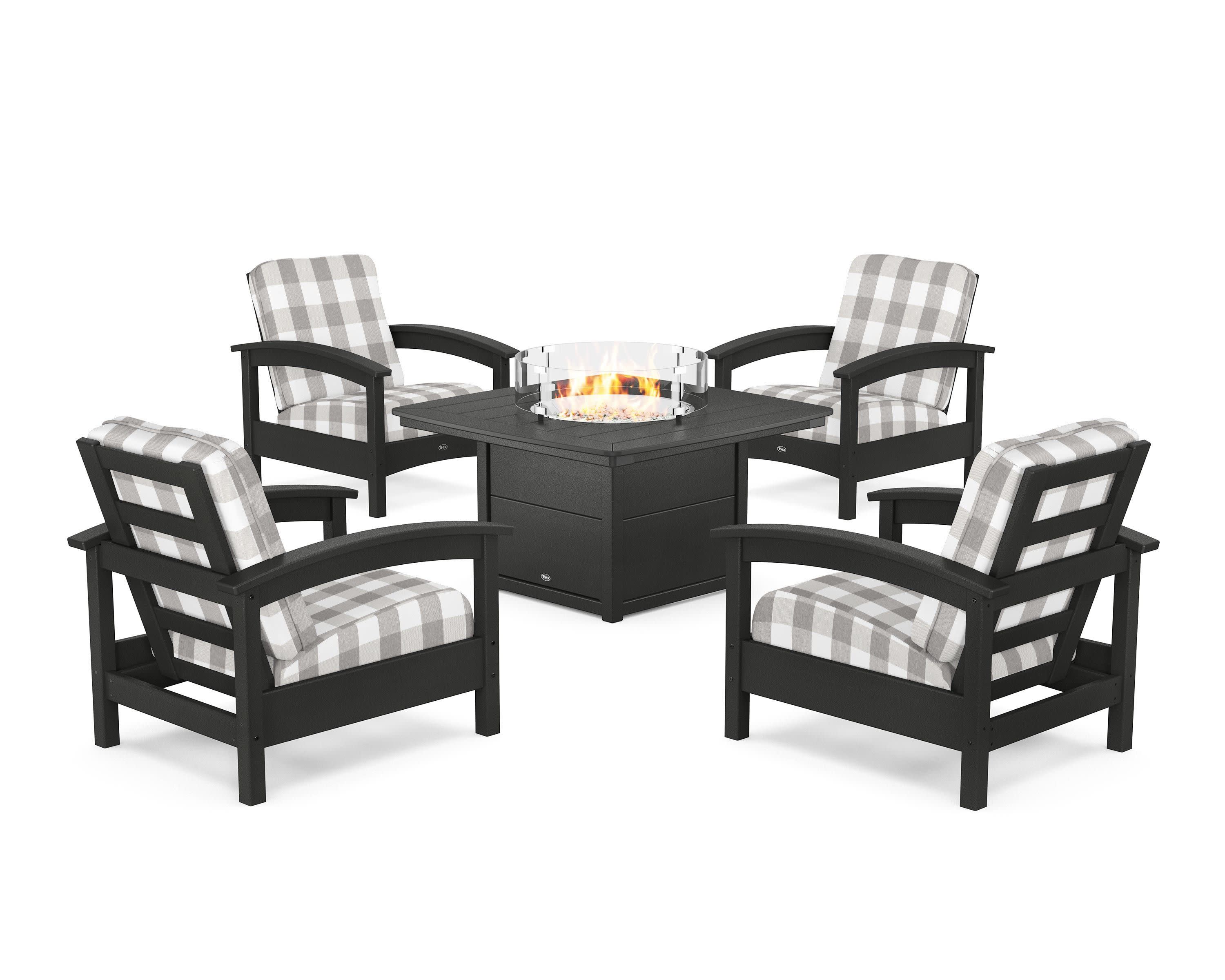 Rockport 5-Piece Deep Seating Set with Yacht Club Fire Pit Table in Charcoal Black / Buffalo Plaid Grey Mist