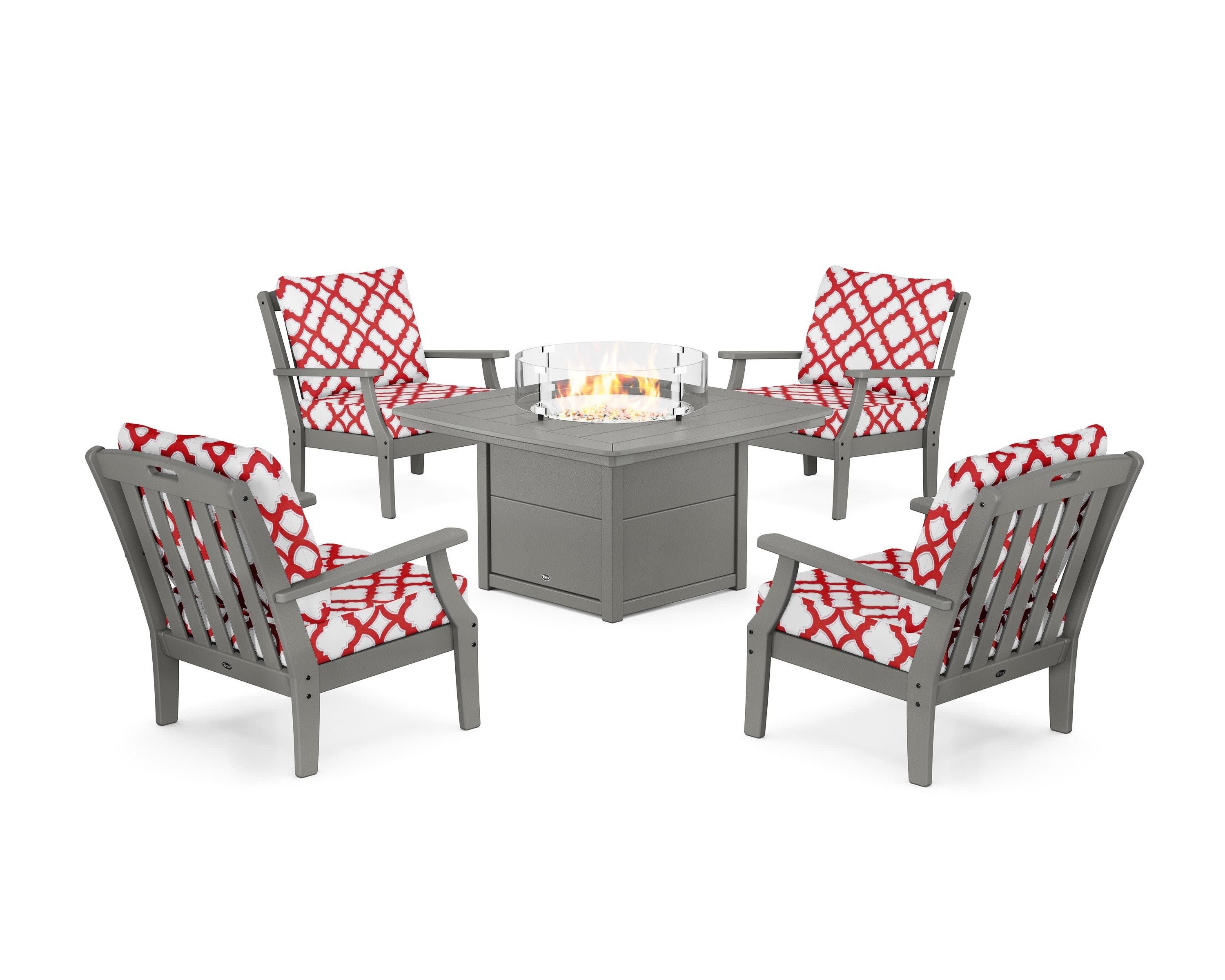Yacht Club 5-Piece Deep Seating Set with Fire Pit Table in Stepping Stone / Trellis Crimson