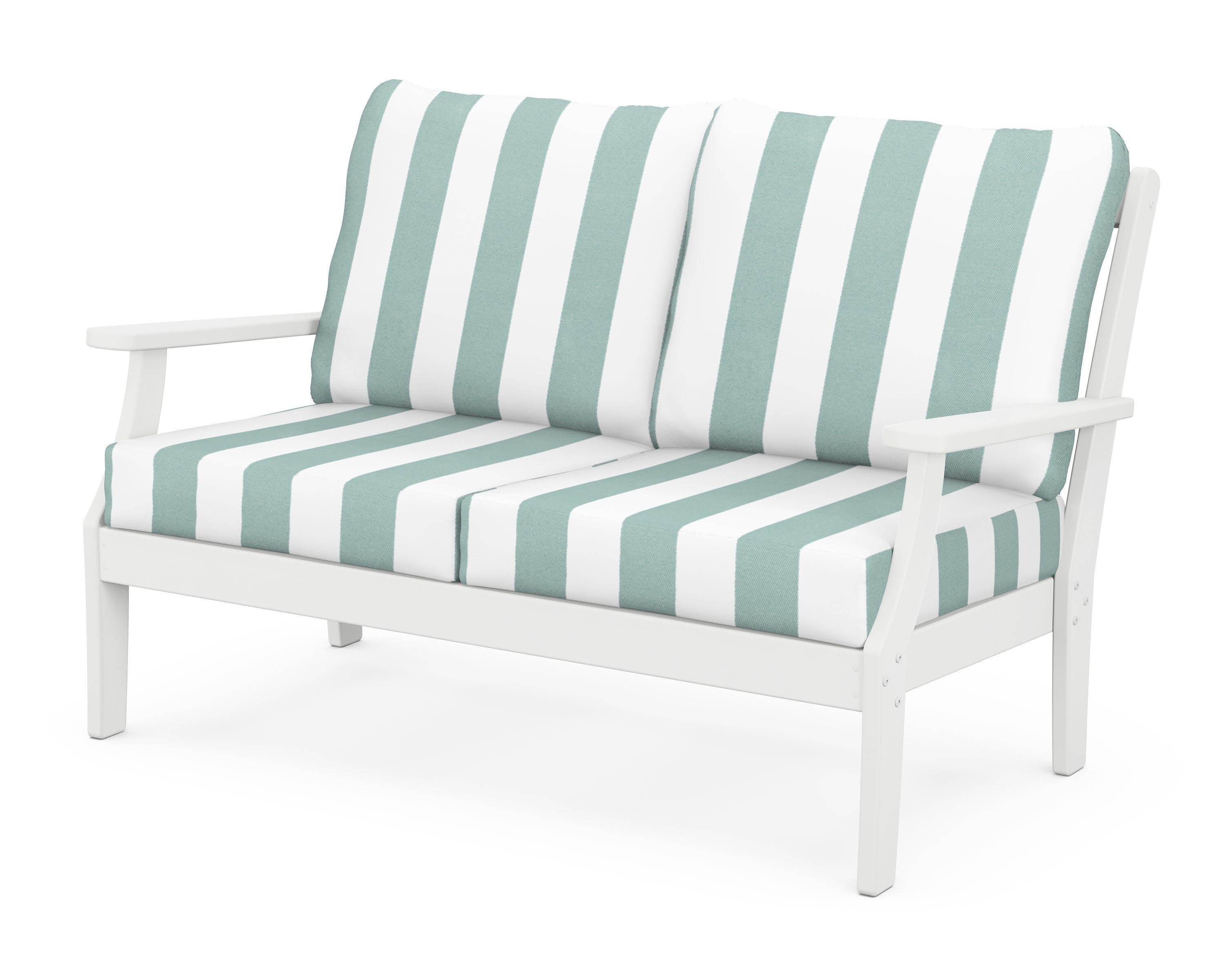 Yacht Club Deep Seating Loveseat in Classic White / Cabana Stripe Glacier Spa