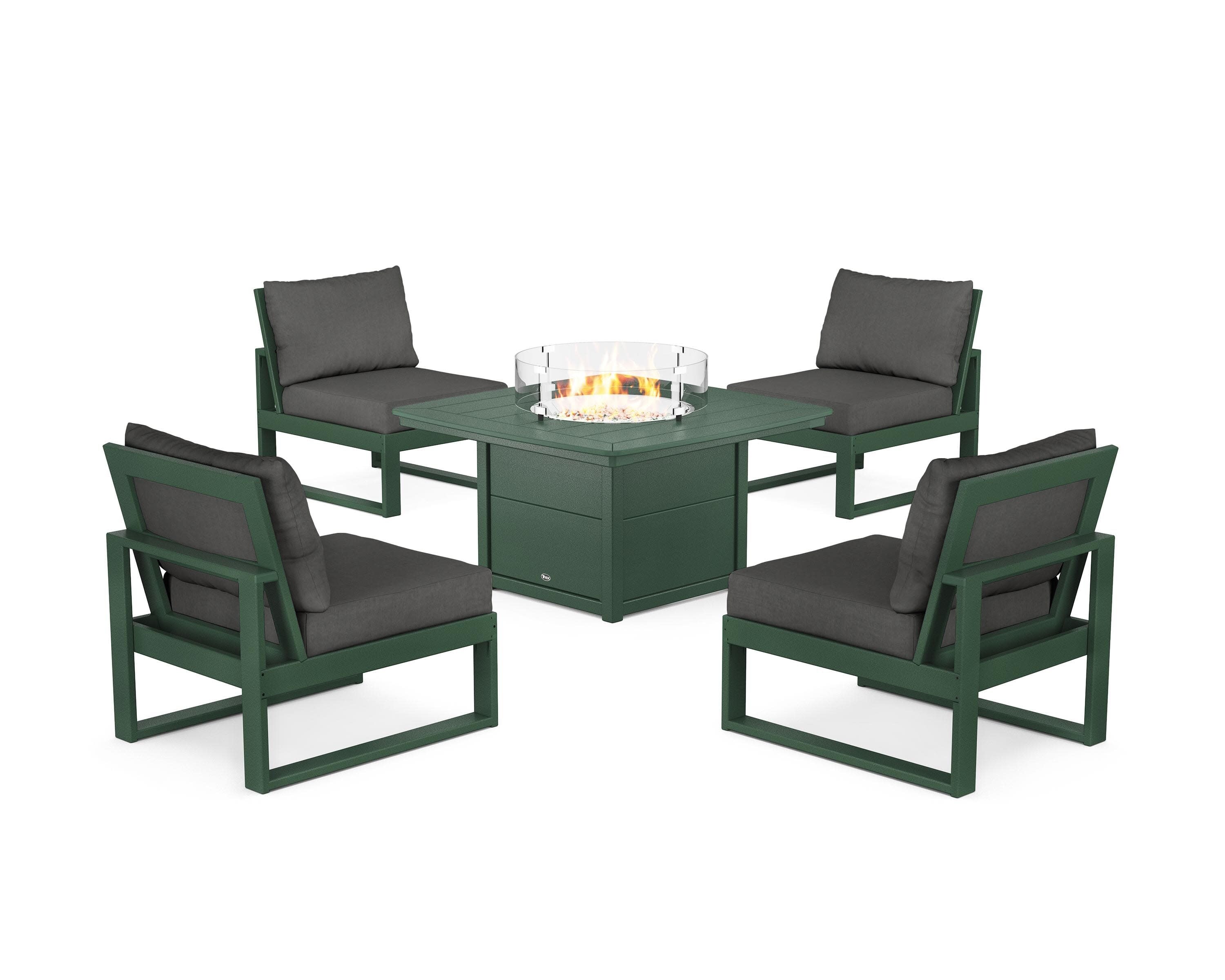 Eastport Modular 5-Piece Deep Seating Set with Yacht Club Fire Pit Table in Rainforest Canopy / Spectrum Carbon