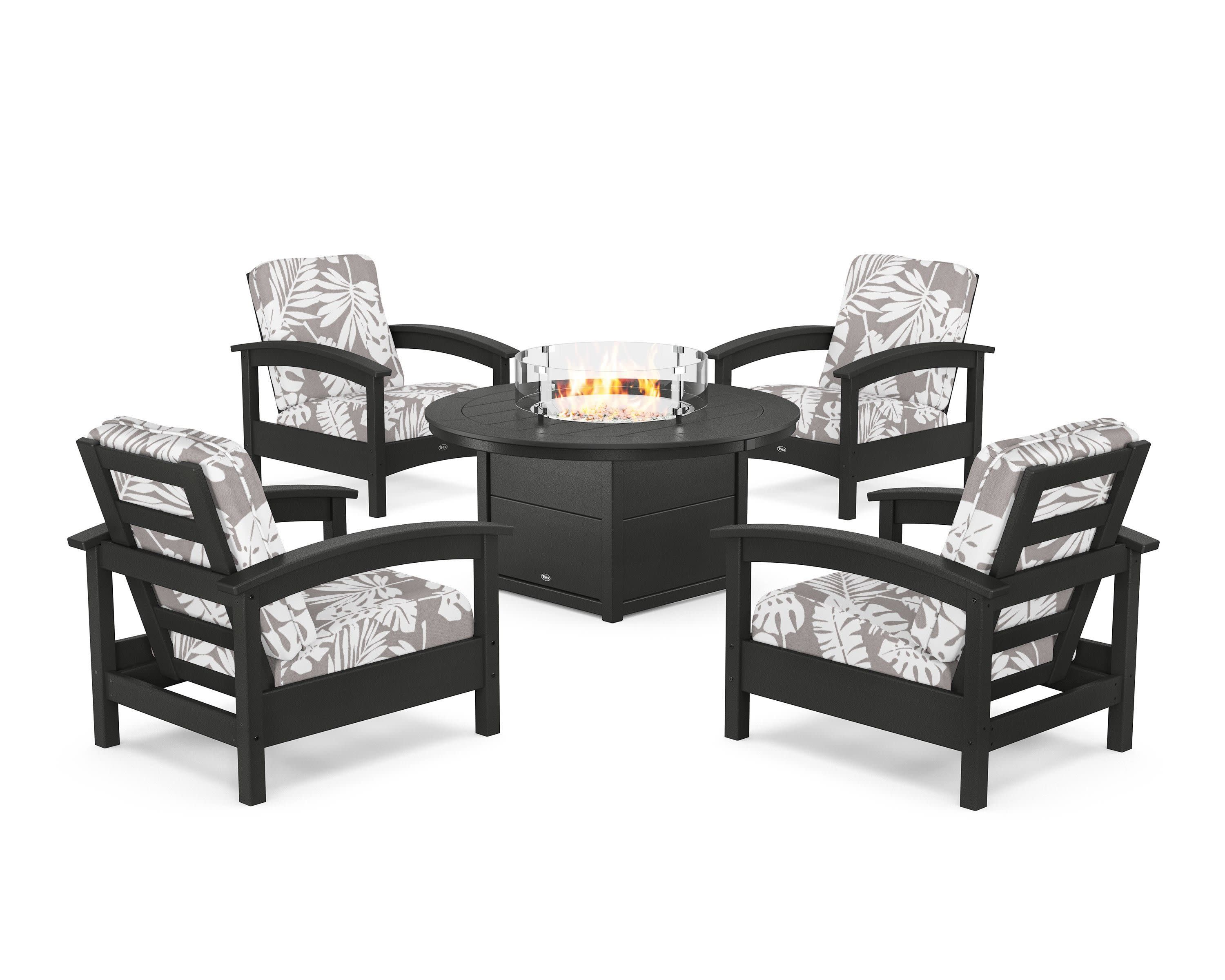 Rockport 5-Piece Deep Seating Set with Round Fire Pit Table in Charcoal Black / Leaf Grey Mist