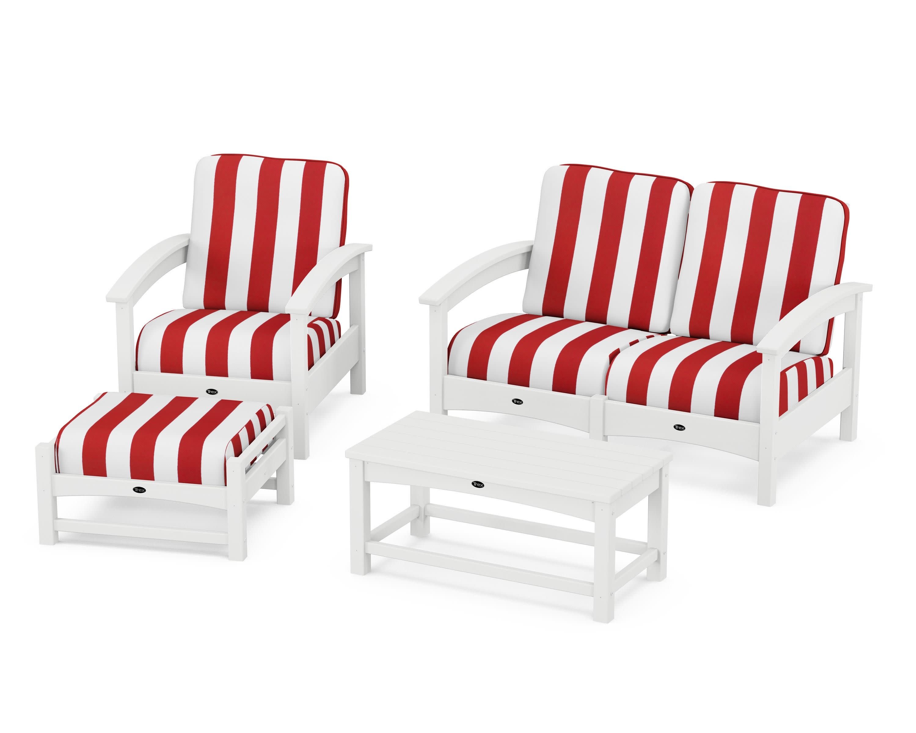 Rockport 4-Piece Deep Seating Conversation Group in Classic White / Cabana Stripe Crimson