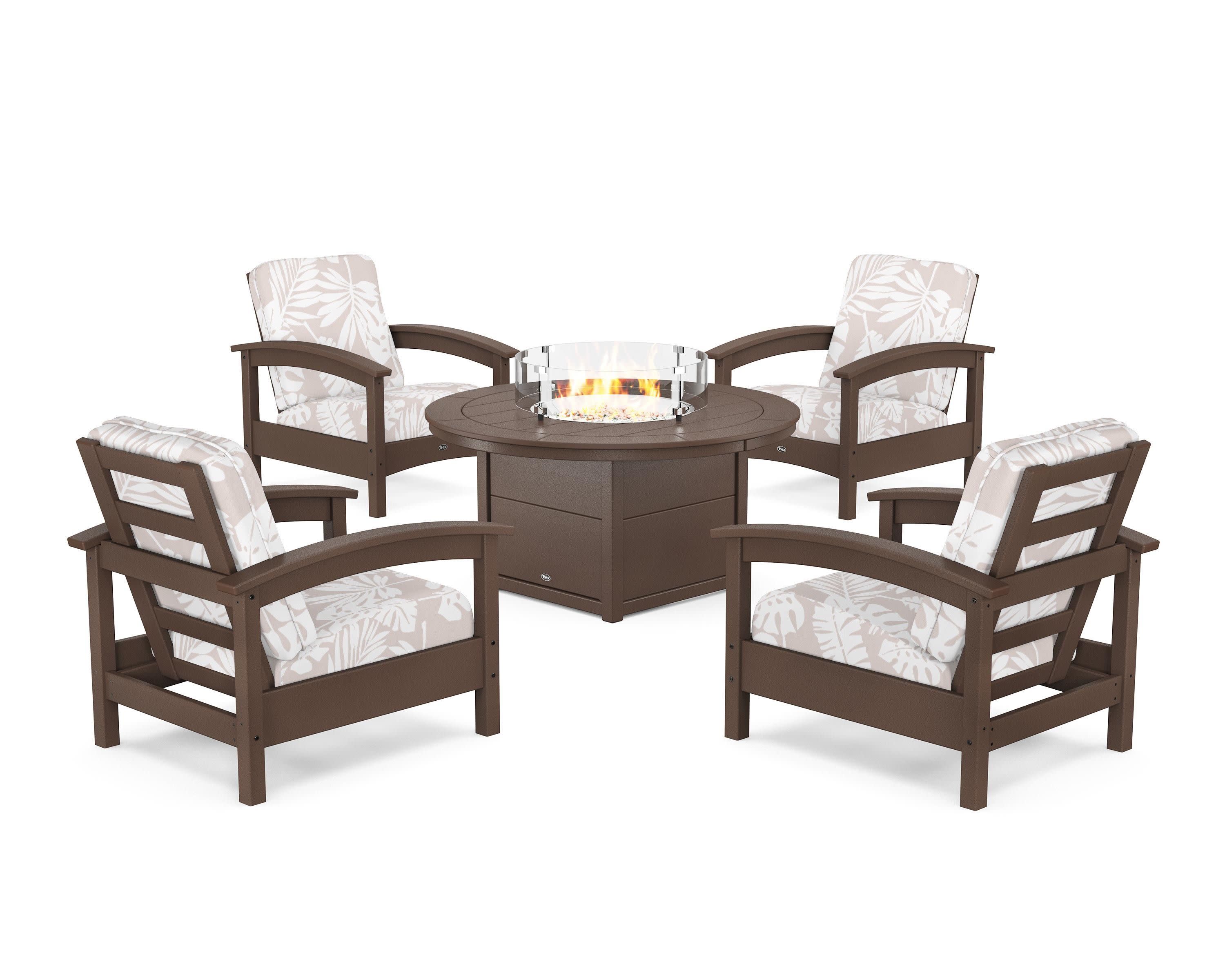 Rockport 5-Piece Deep Seating Set with Round Fire Pit Table in Vintage Lantern / Leaf Dune Burlap