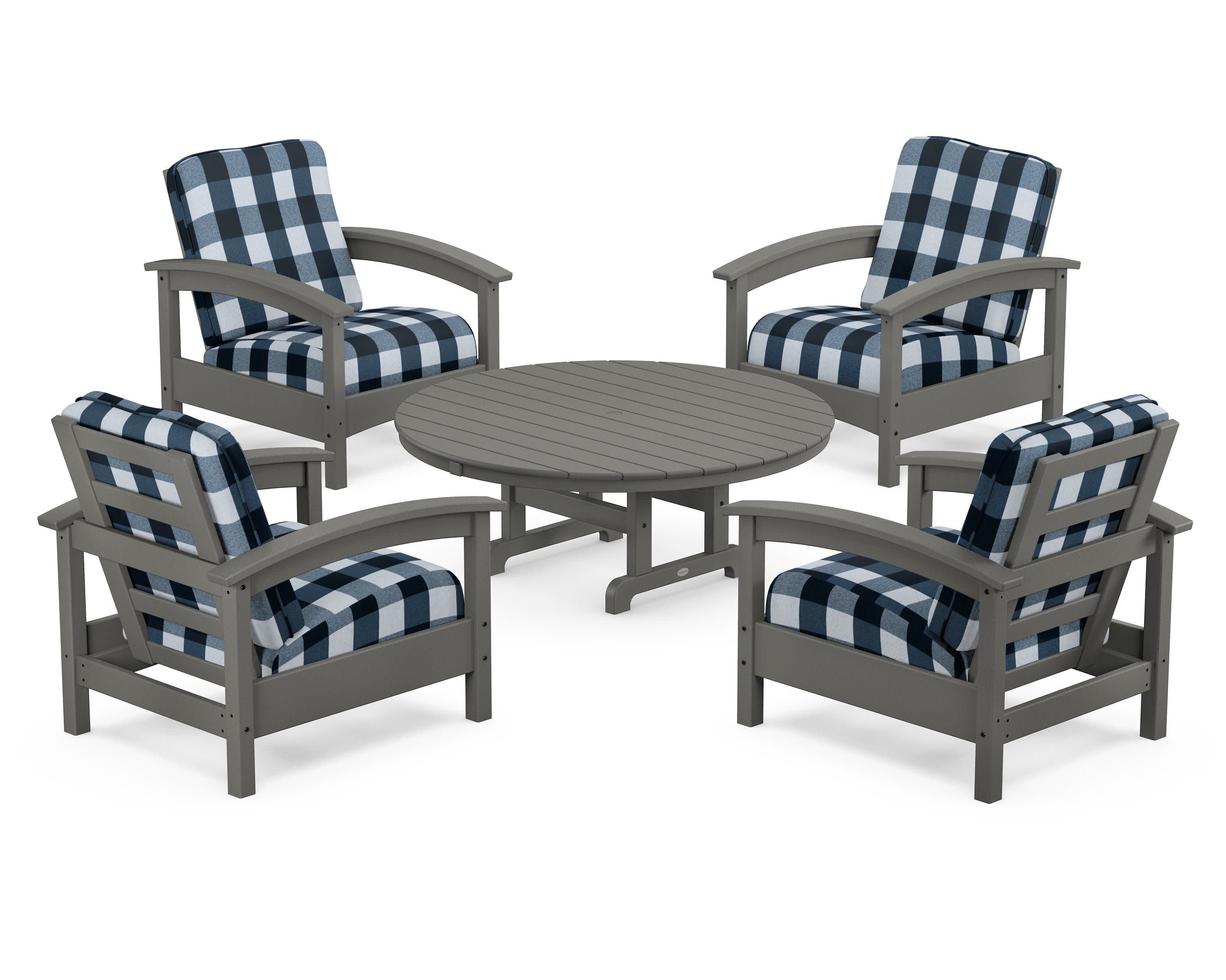 Rockport 5-Piece Deep Seating Set in Stepping Stone / Buffalo Plaid Marine Indigo