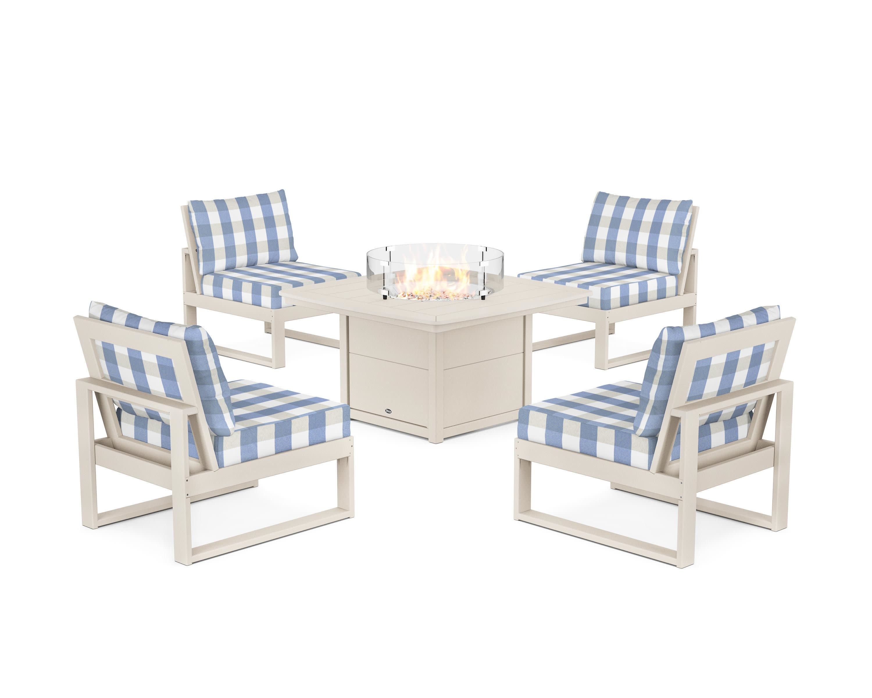 Eastport Modular 5-Piece Deep Seating Set with Yacht Club Fire Pit Table in Sand Castle / Buffalo Plaid Sky Blue