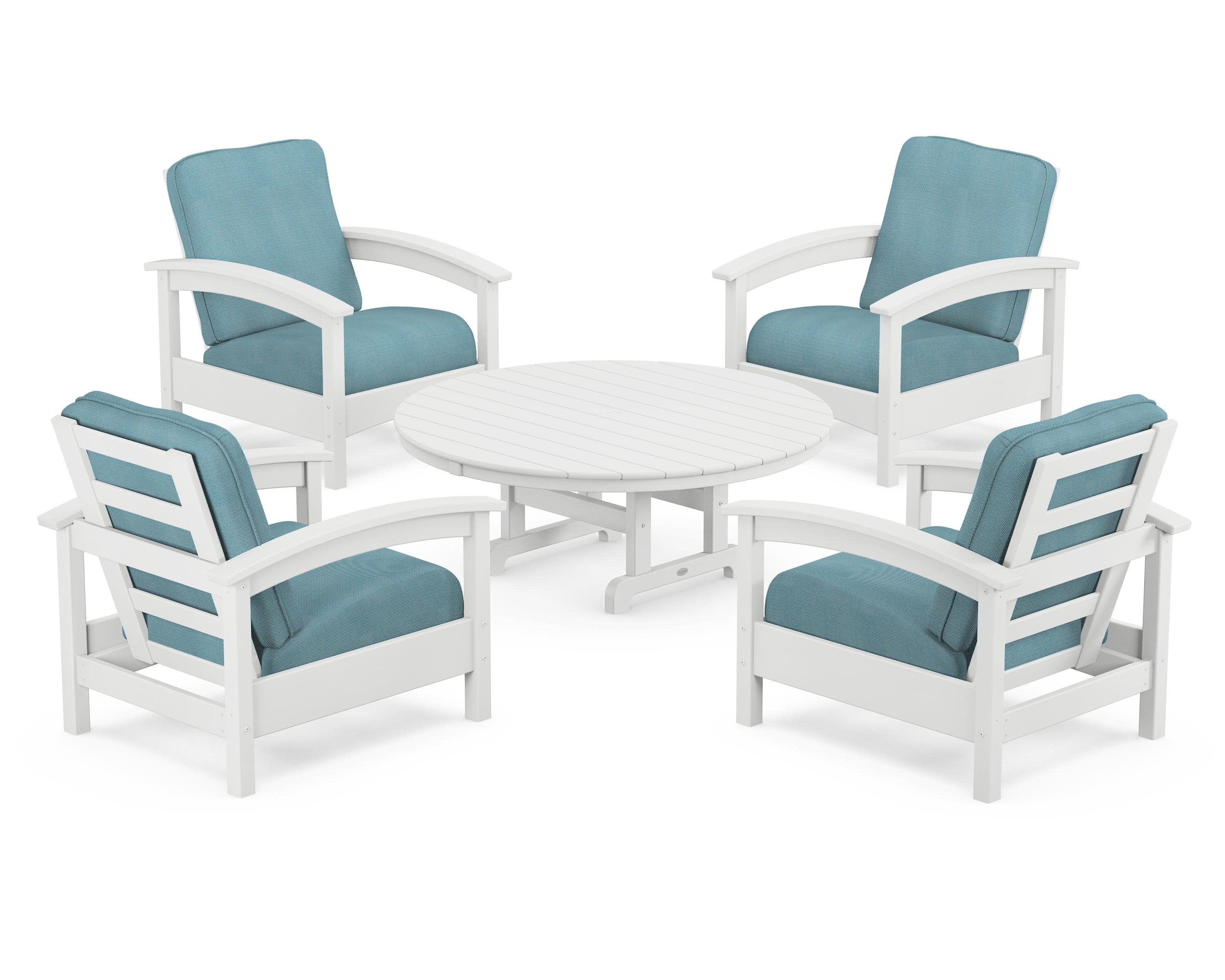 Rockport 5-Piece Deep Seating Set in Classic White / Lattice Sky Blue