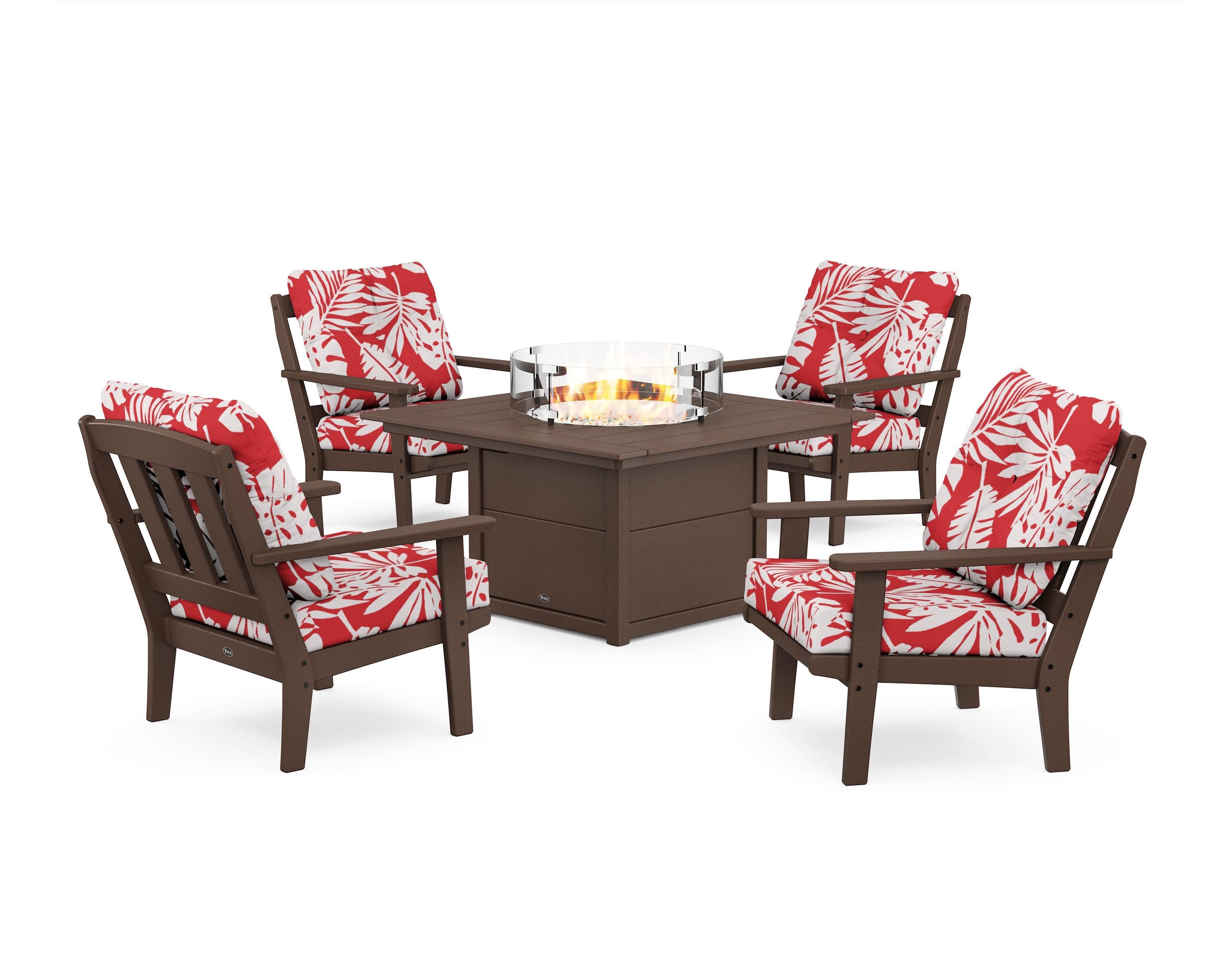 Cape Cod 5-Piece Deep Seating Set with Fire Pit Table in Vintage Lantern / Leaf Crimson