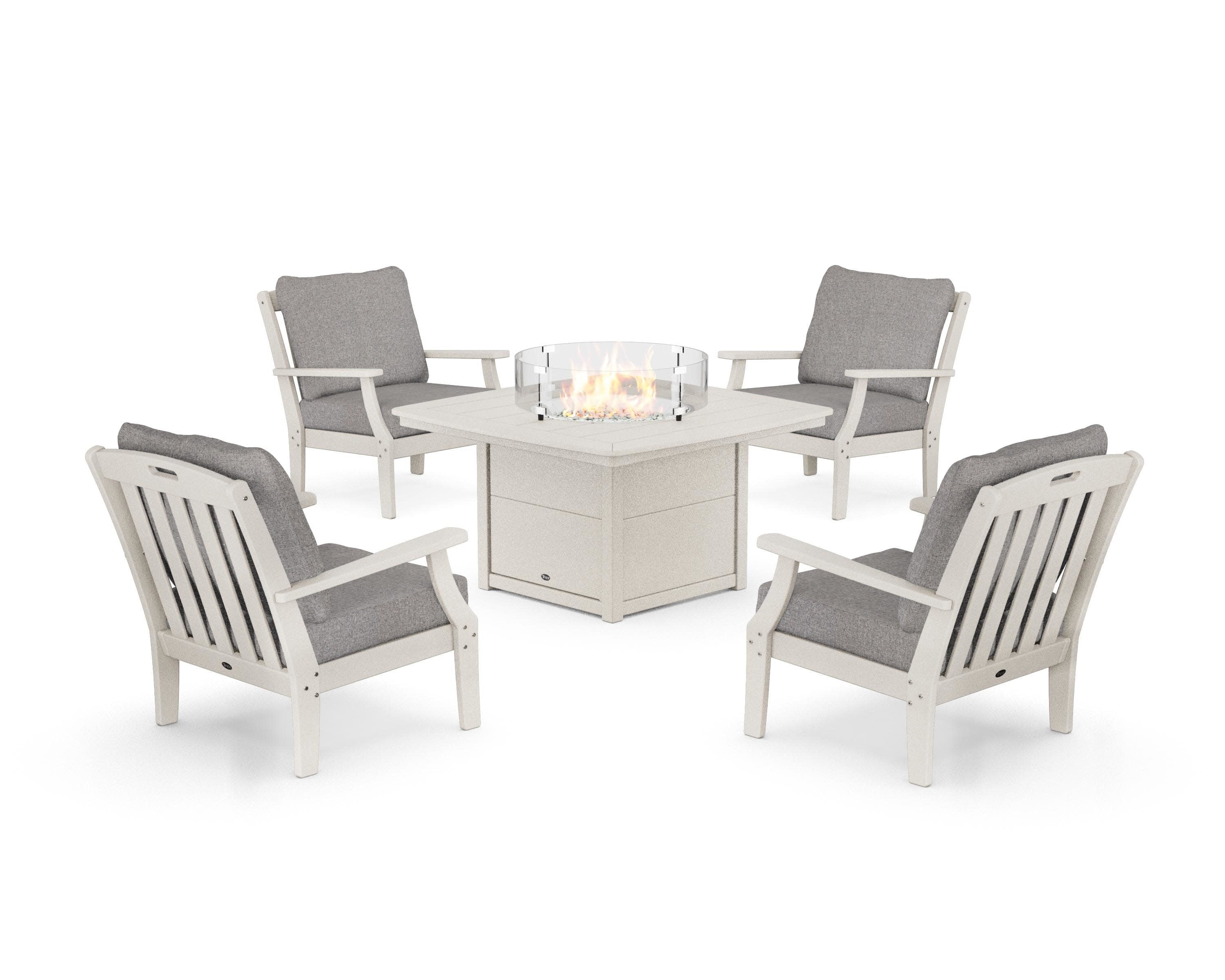Yacht Club 5-Piece Deep Seating Set with Fire Pit Table in Sand Castle / Grey Mist