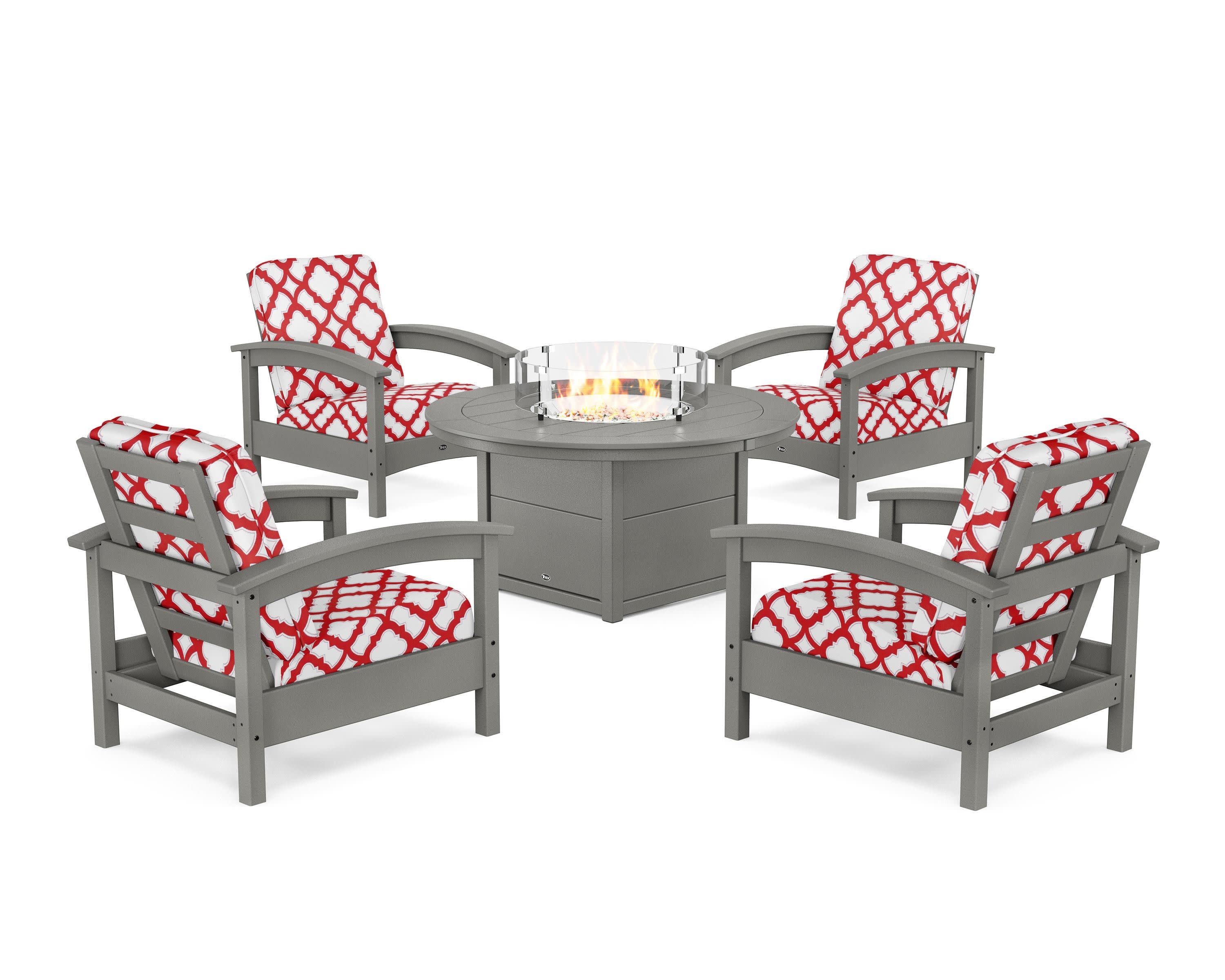 Rockport 5-Piece Deep Seating Set with Round Fire Pit Table in Stepping Stone / Trellis Crimson