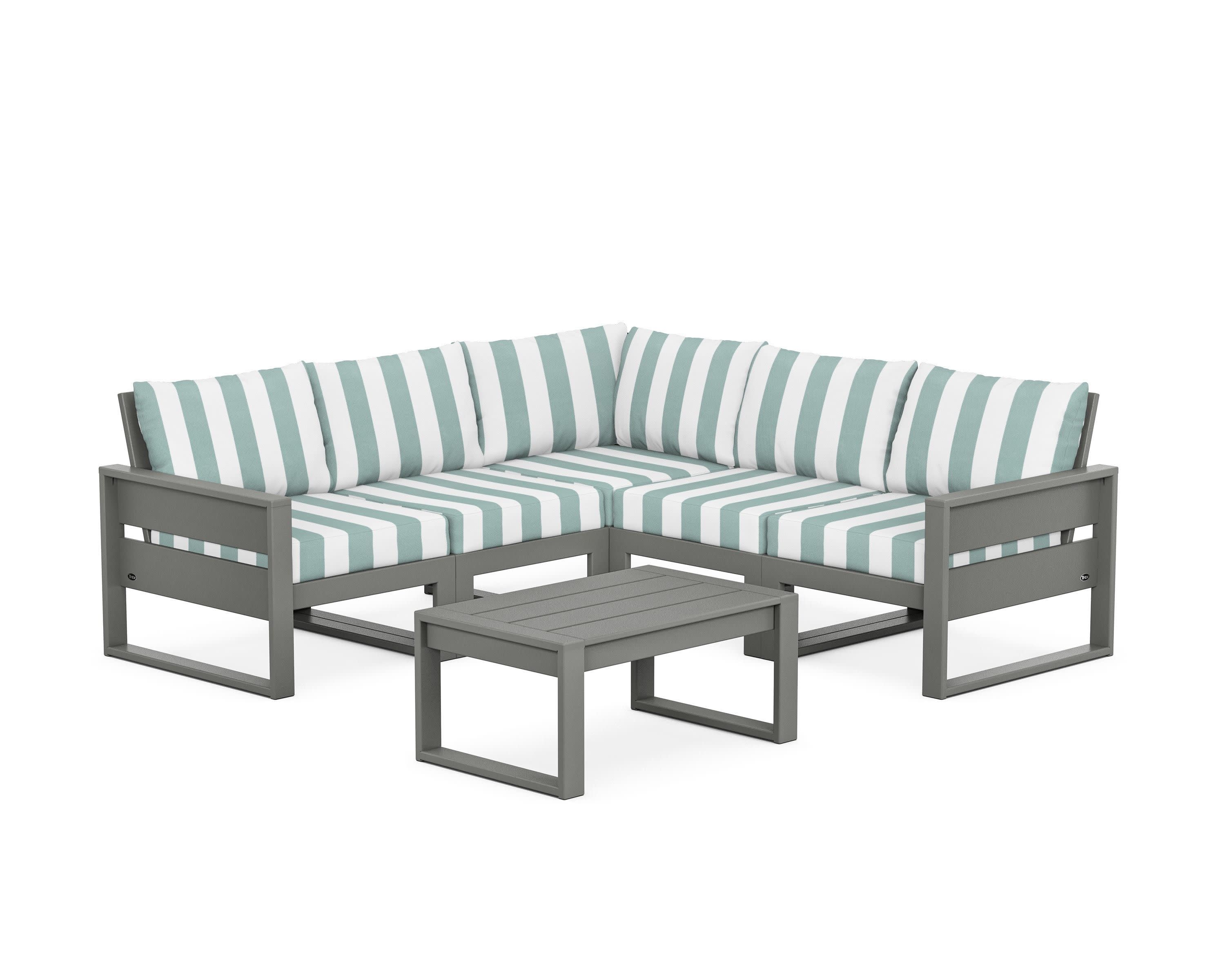 Eastport 6-Piece Deep Seating Sectional + Coffee Table Set in Stepping Stone / Cabana Stripe Glacier Spa