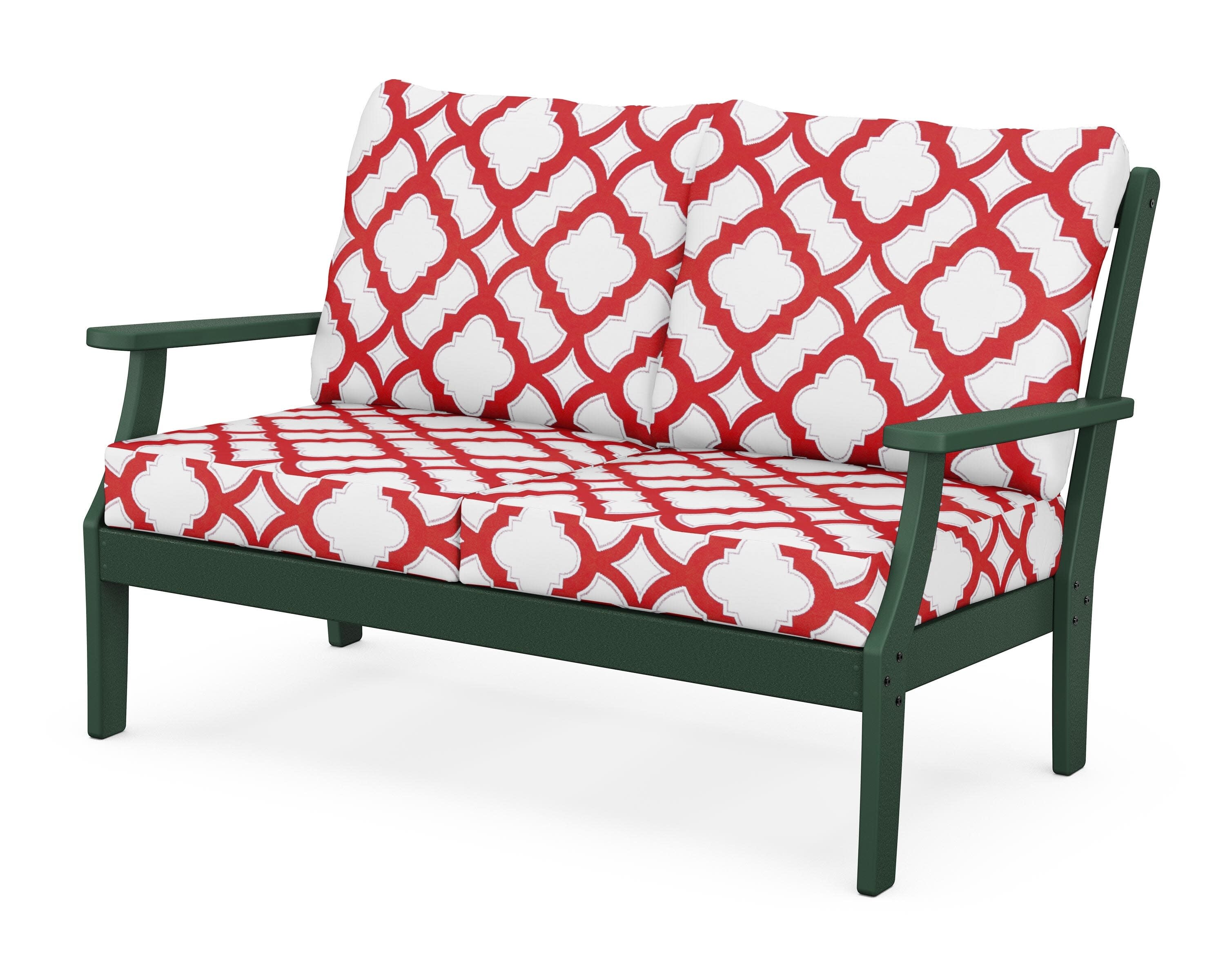 Yacht Club Deep Seating Loveseat in Rainforest Canopy / Trellis Crimson