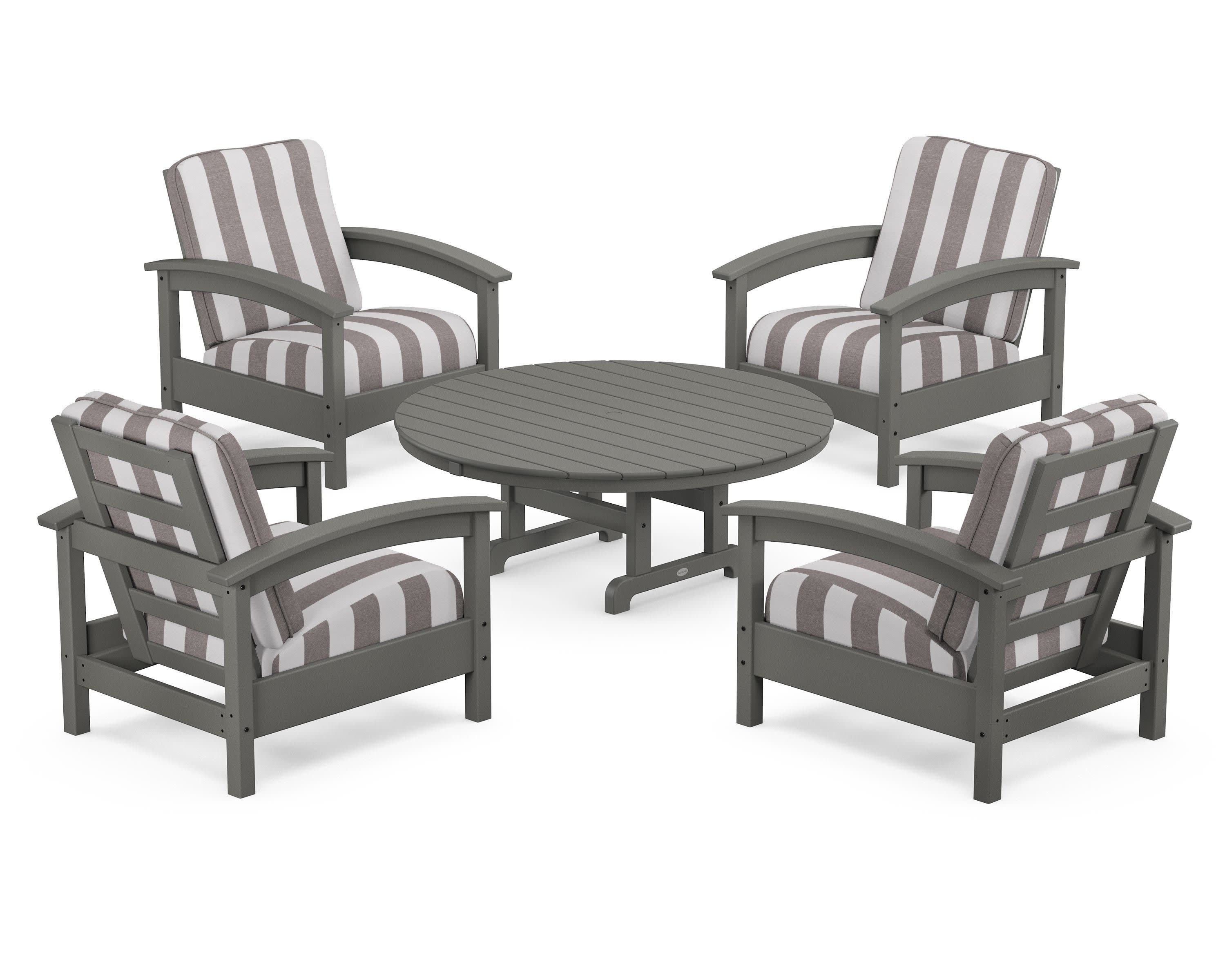 Rockport 5-Piece Deep Seating Set in Stepping Stone / Cabana Stripe Grey Mist