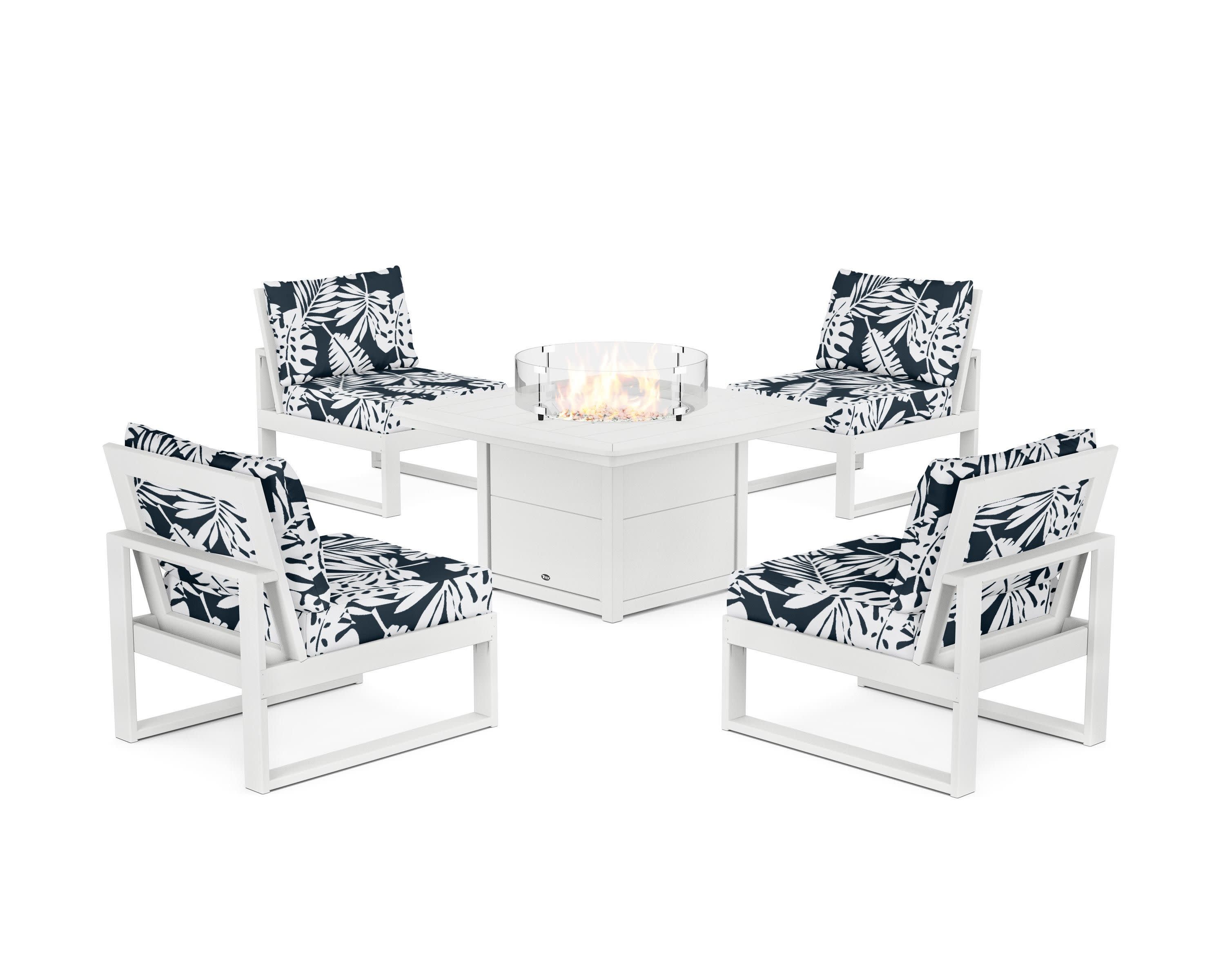 Eastport Modular 5-Piece Deep Seating Set with Yacht Club Fire Pit Table in Classic White / Leaf Marine Indigo