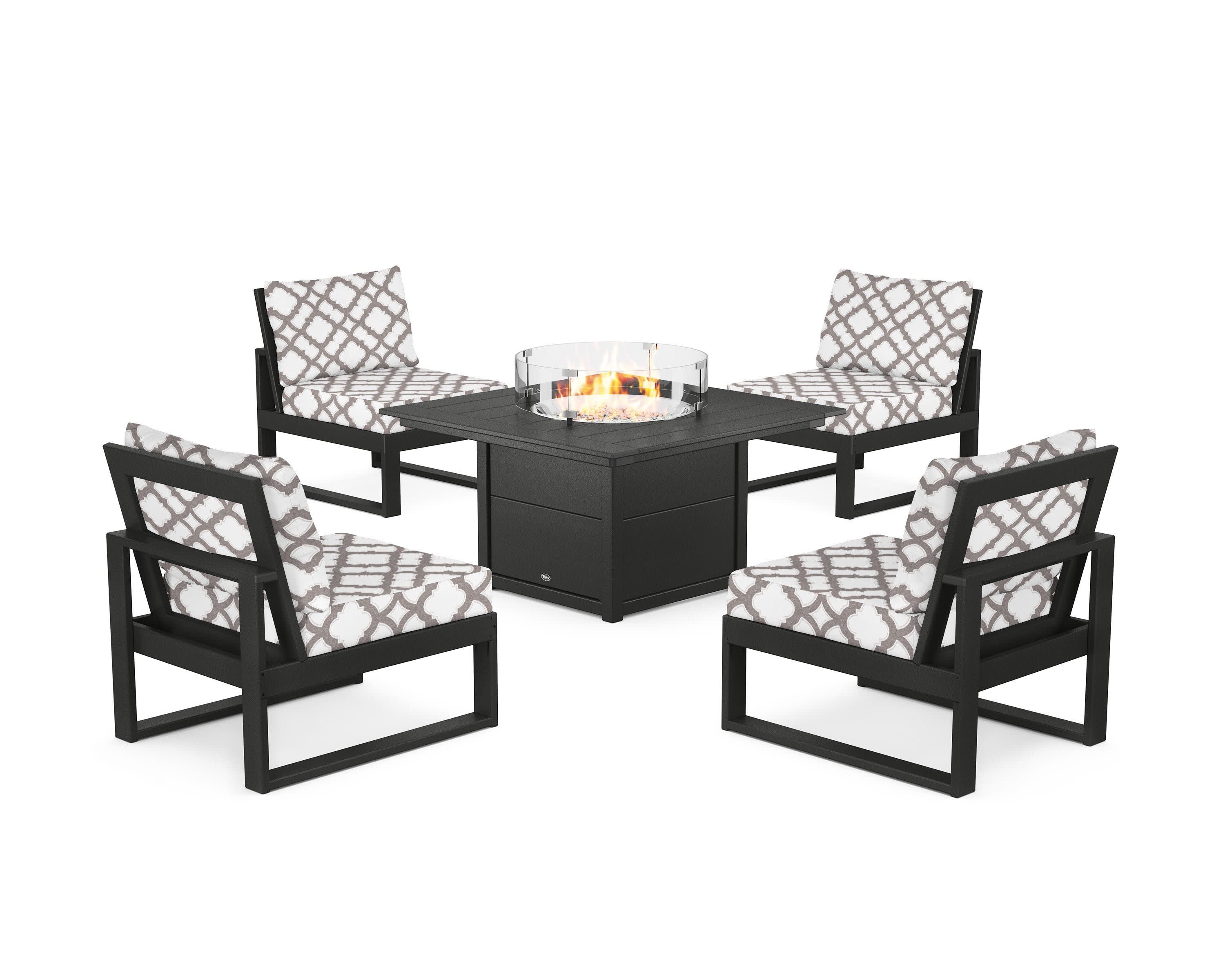 Eastport Modular 5-Piece Deep Seating Set with Square Fire Pit Table in Charcoal Black / Trellis Grey Mist