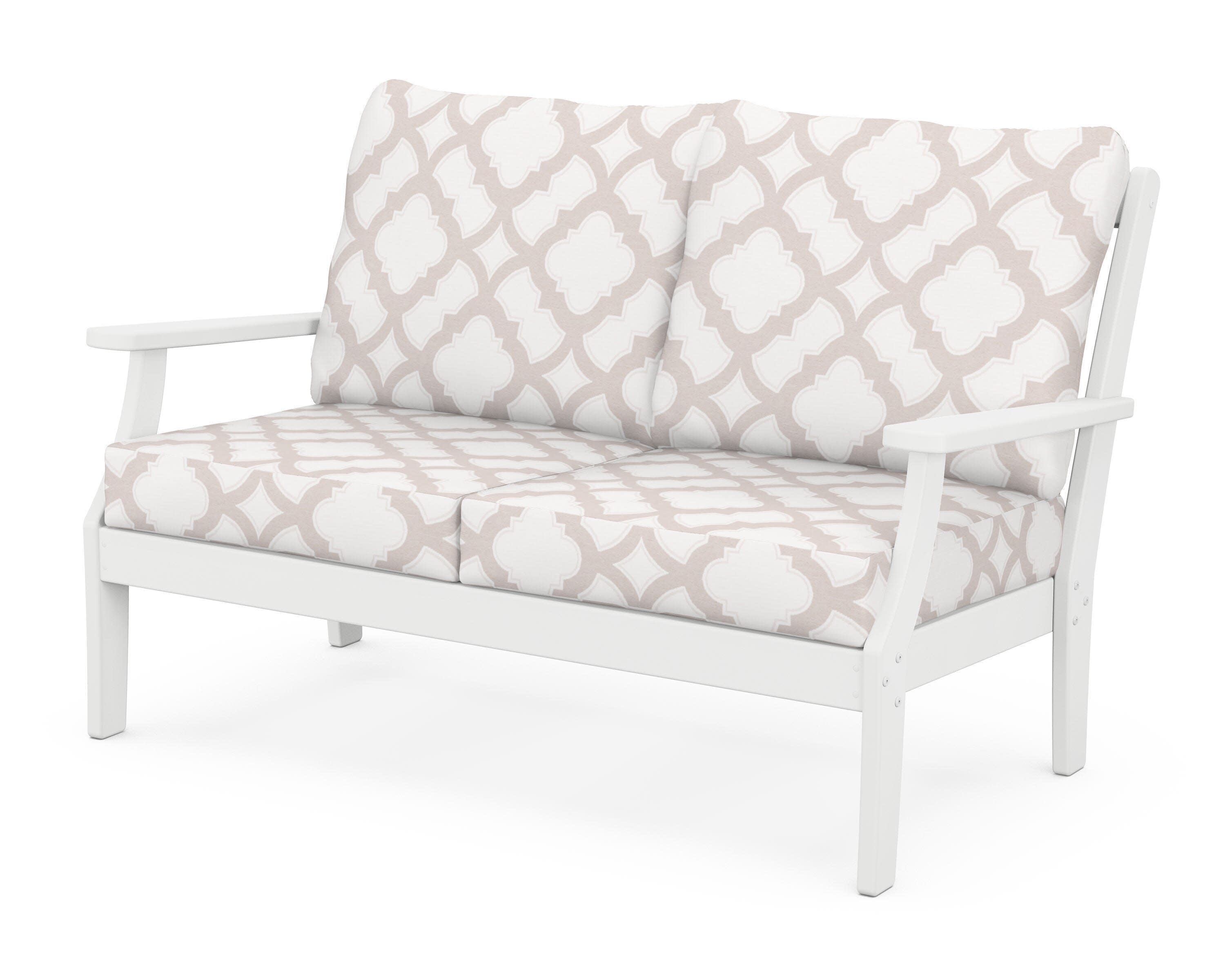 Yacht Club Deep Seating Loveseat in Classic White / Trellis Dune Burlap