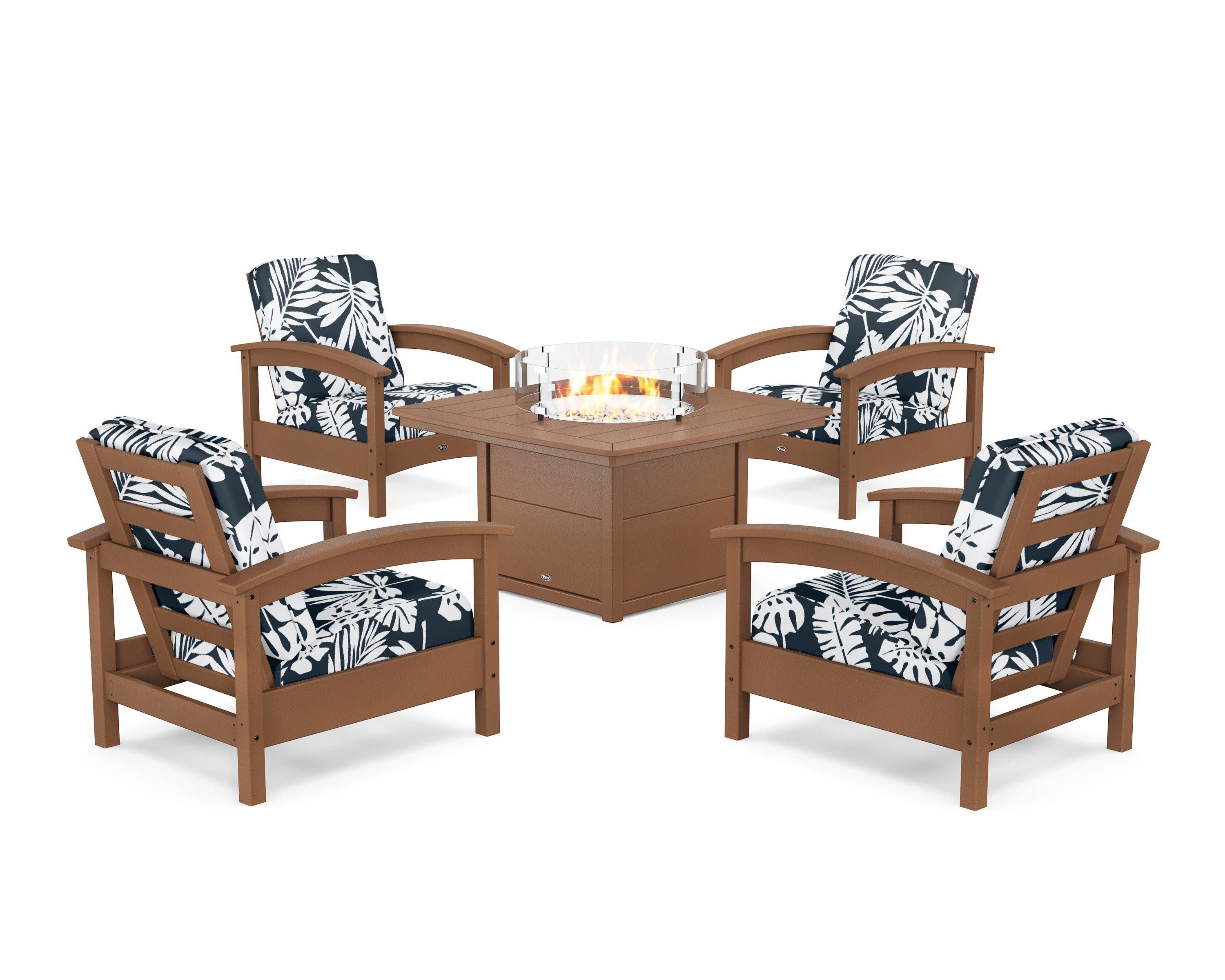Rockport 5-Piece Deep Seating Set with Yacht Club Fire Pit Table in Tree House / Leaf Marine Indigo