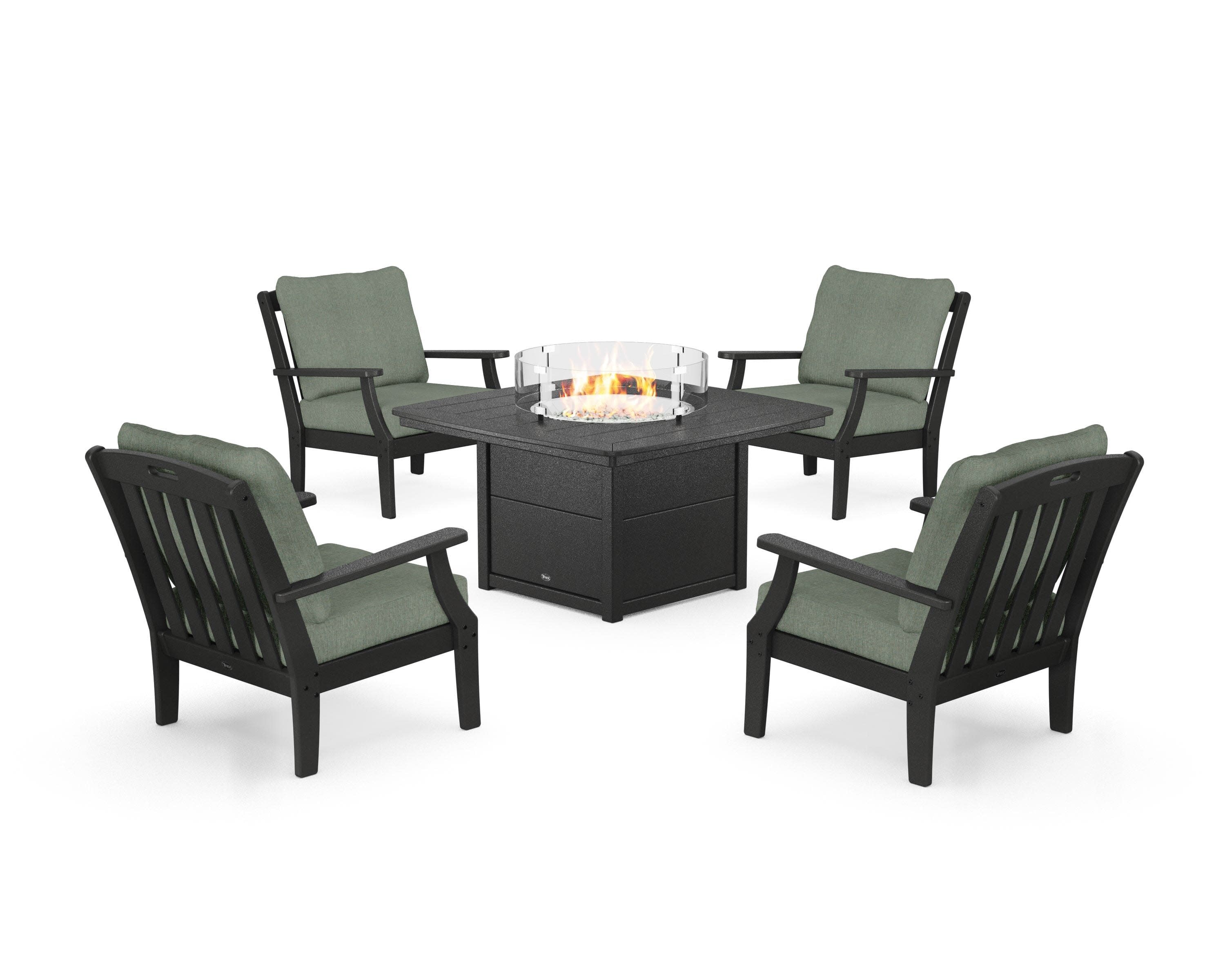 Yacht Club 5-Piece Deep Seating Set with Fire Pit Table in Charcoal Black / Cast Sage