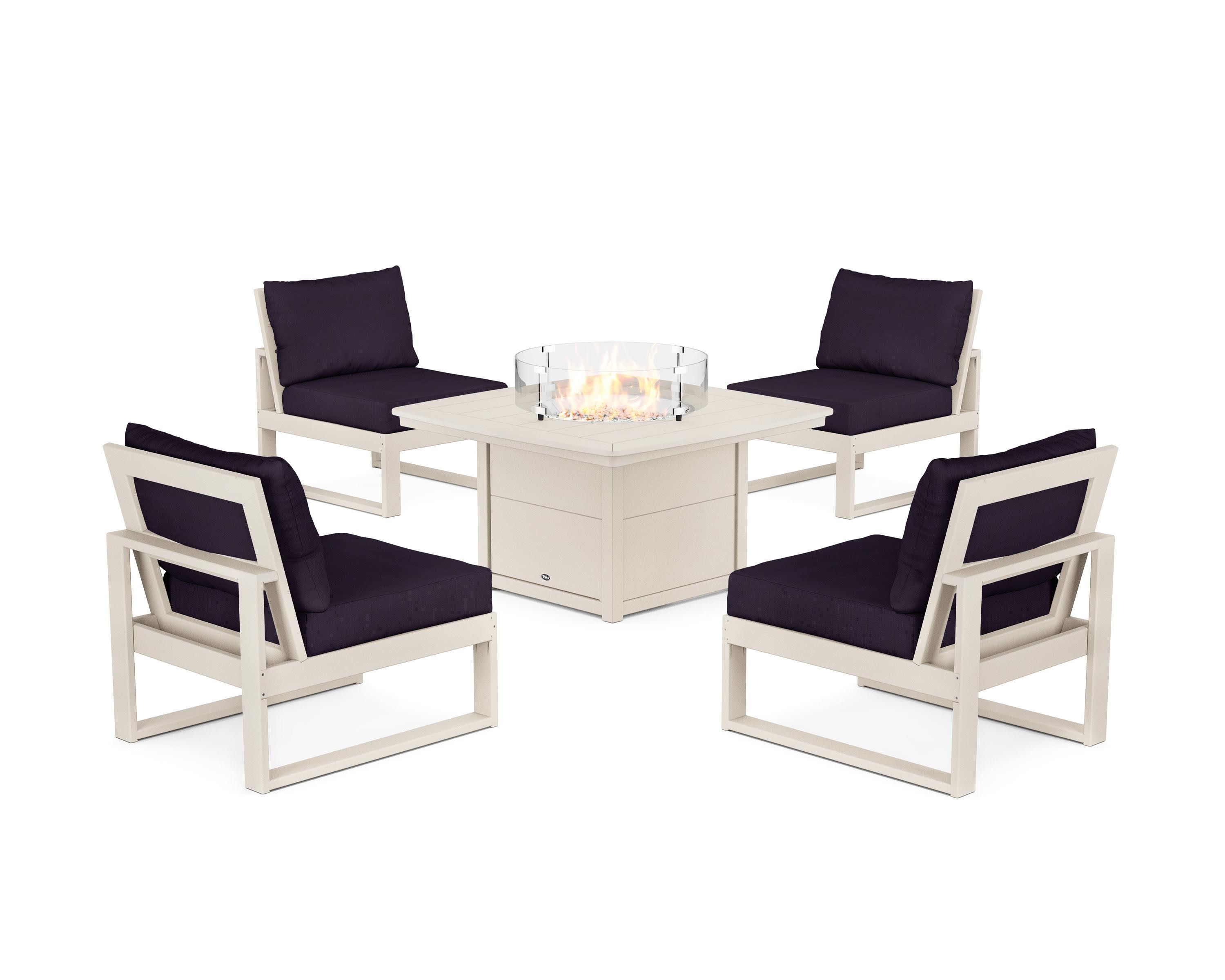 Eastport Modular 5-Piece Deep Seating Set with Yacht Club Fire Pit Table in Sand Castle / Navy Linen