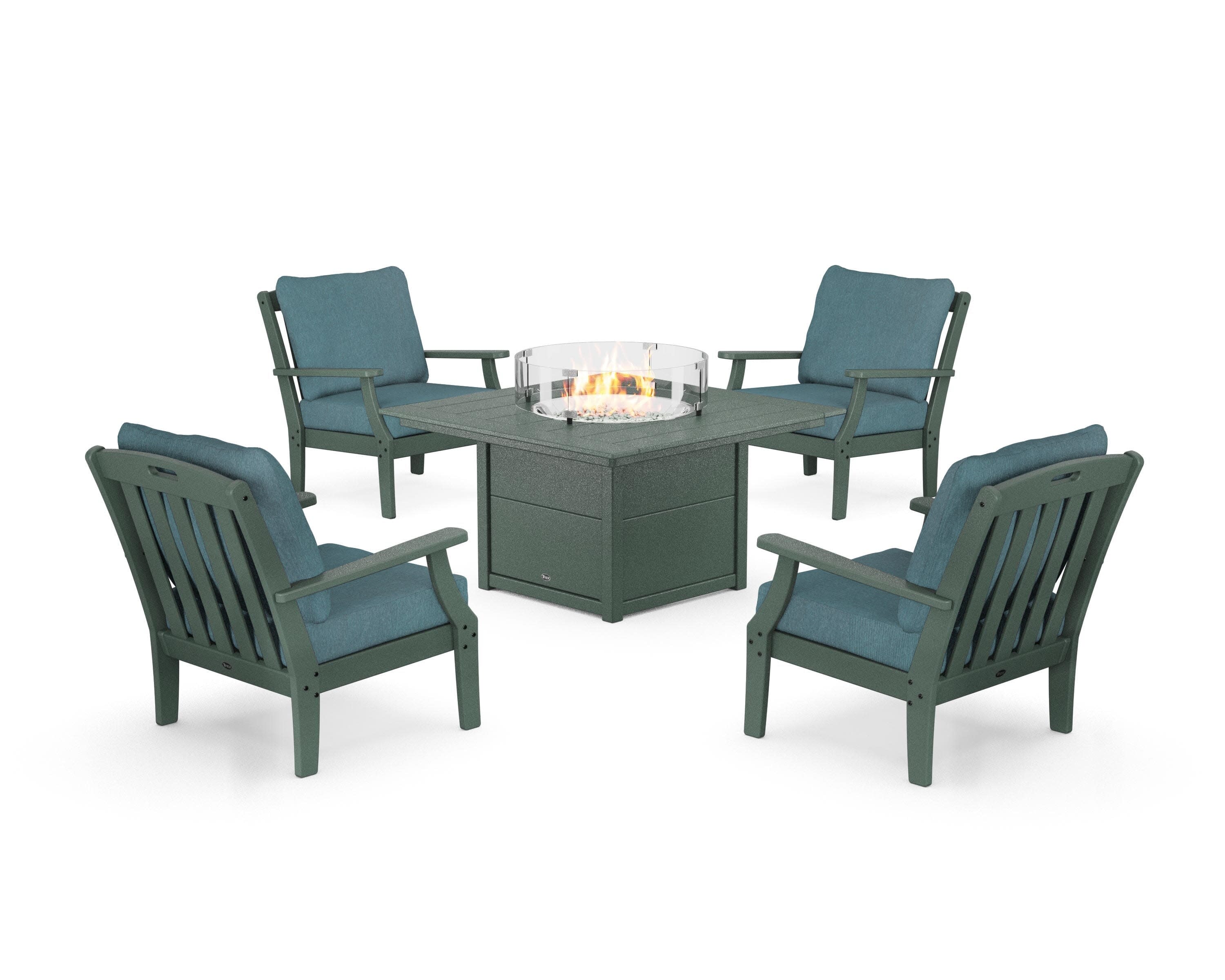 Yacht Club 5-Piece Deep Seating Set with Square Fire Pit Table in Rainforest Canopy / Ocean Teal