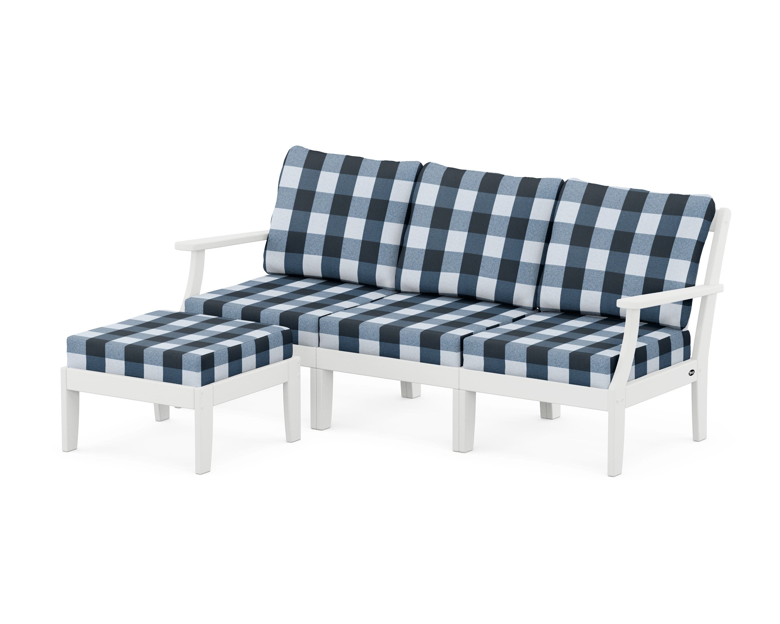 Yacht Club Modular 4-Piece Deep Seating Set with Ottoman in Classic White / Buffalo Plaid Marine Indigo
