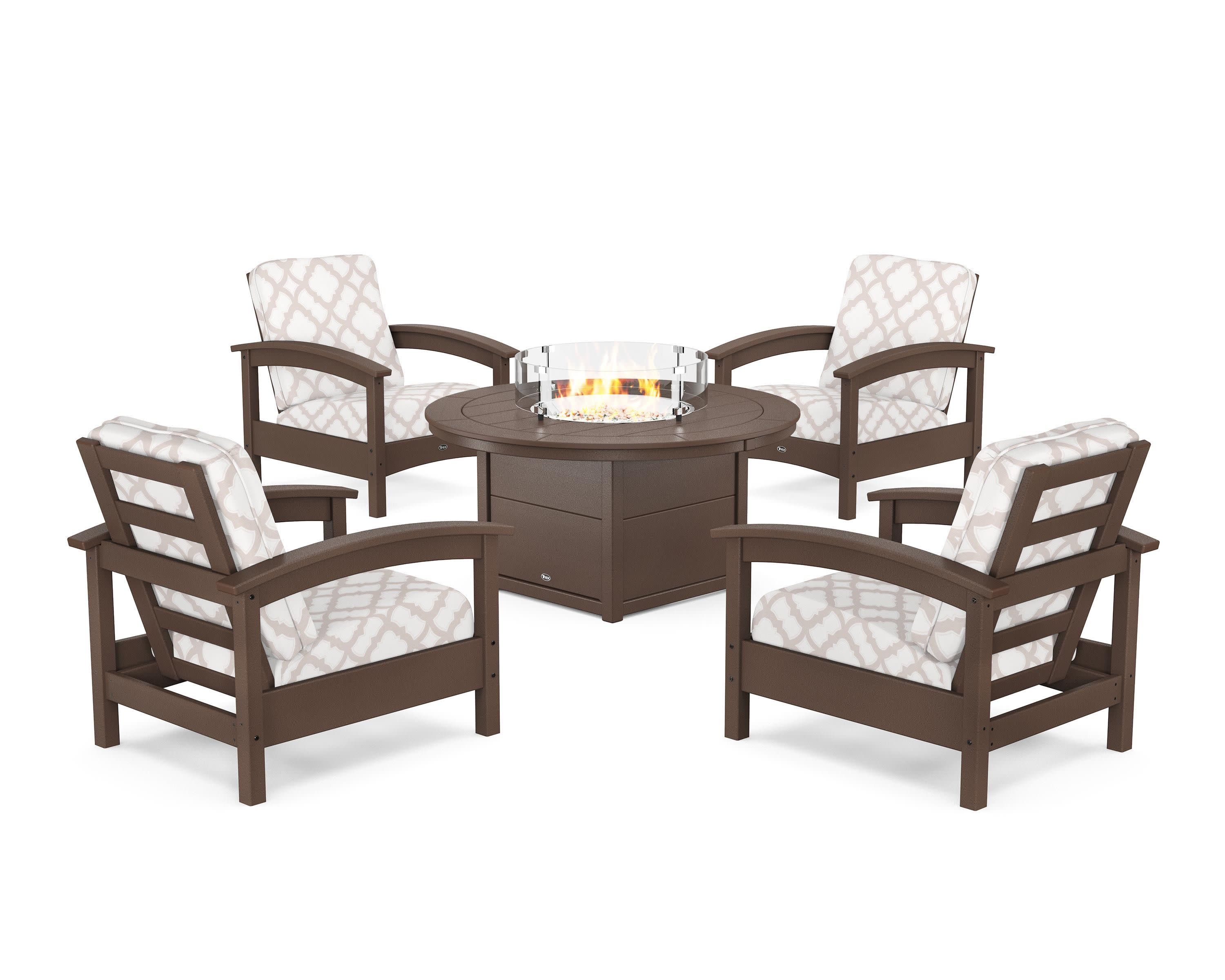 Rockport 5-Piece Deep Seating Set with Round Fire Pit Table in Vintage Lantern / Trellis Dune Burlap