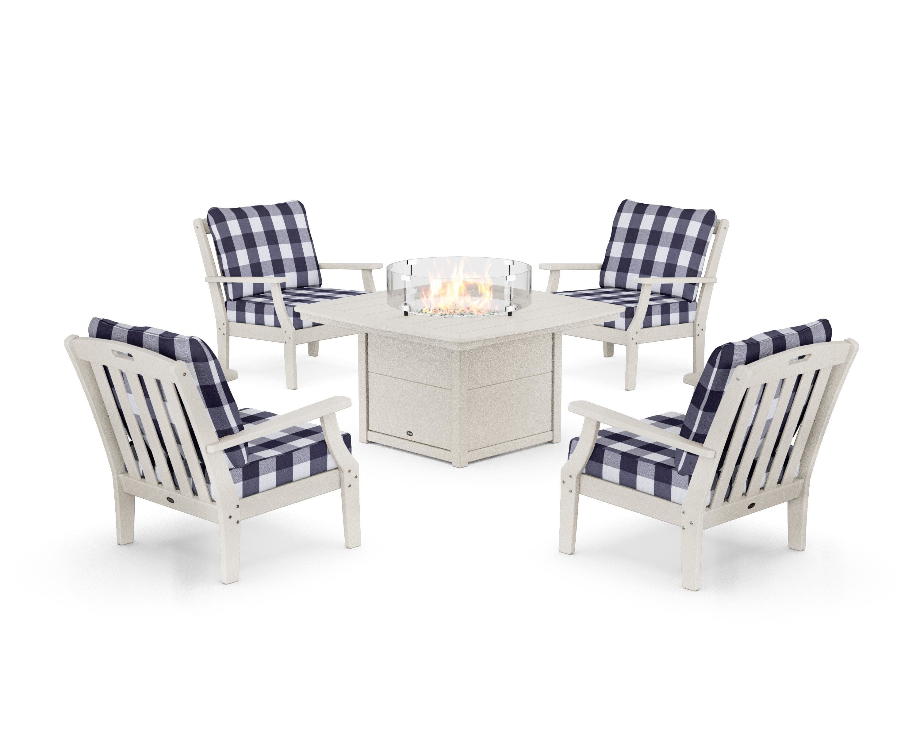 Yacht Club 5-Piece Deep Seating Set with Fire Pit Table in Sand Castle / Buffalo Plaid Navy