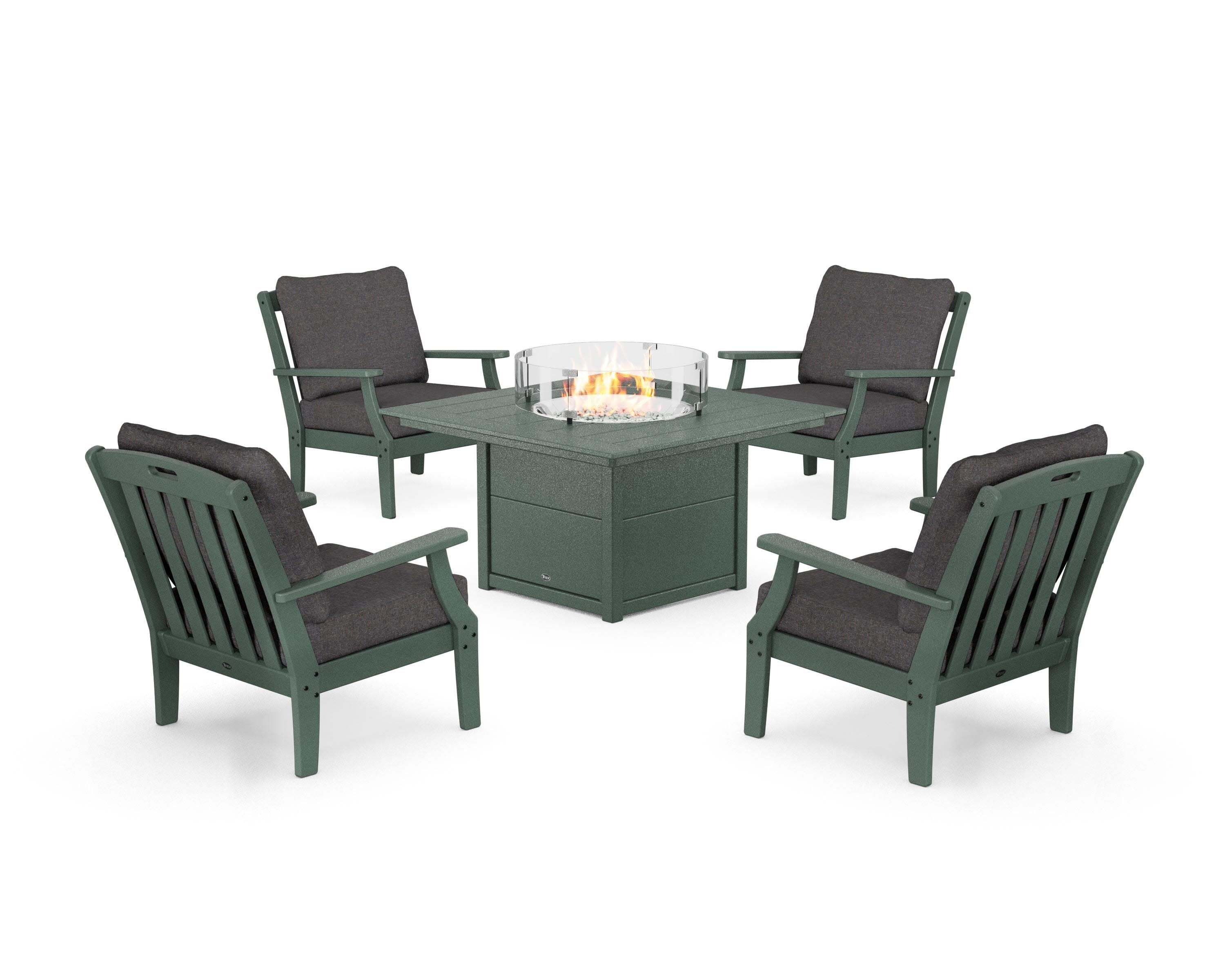 Yacht Club 5-Piece Deep Seating Set with Square Fire Pit Table in Rainforest Canopy / Ash Charcoal