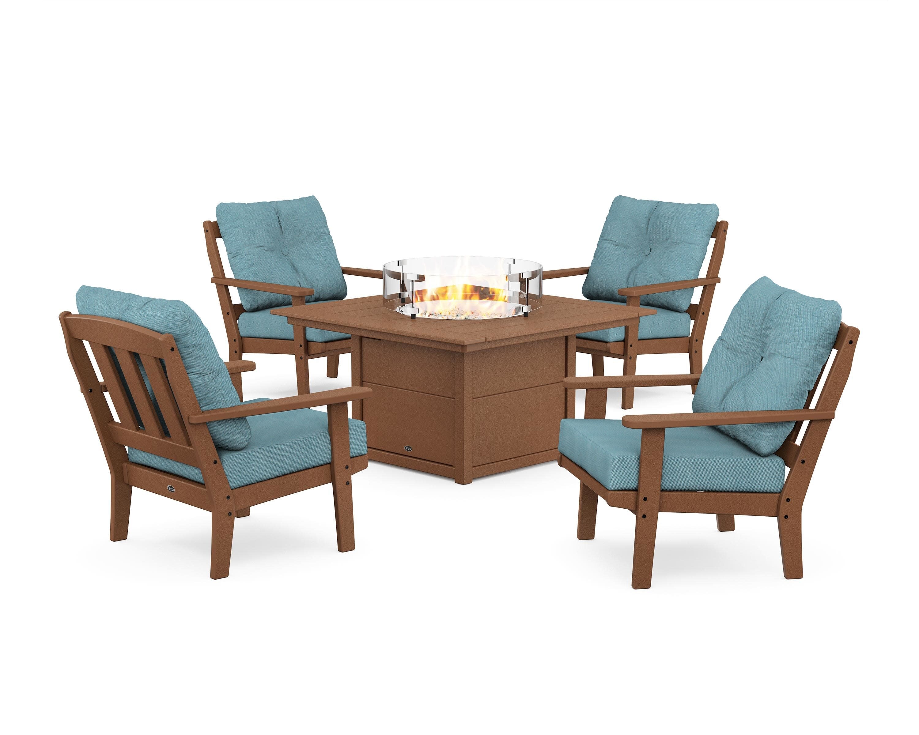 Cape Cod 5-Piece Deep Seating Set with Fire Pit Table in Tree House / Lattice Sky Blue