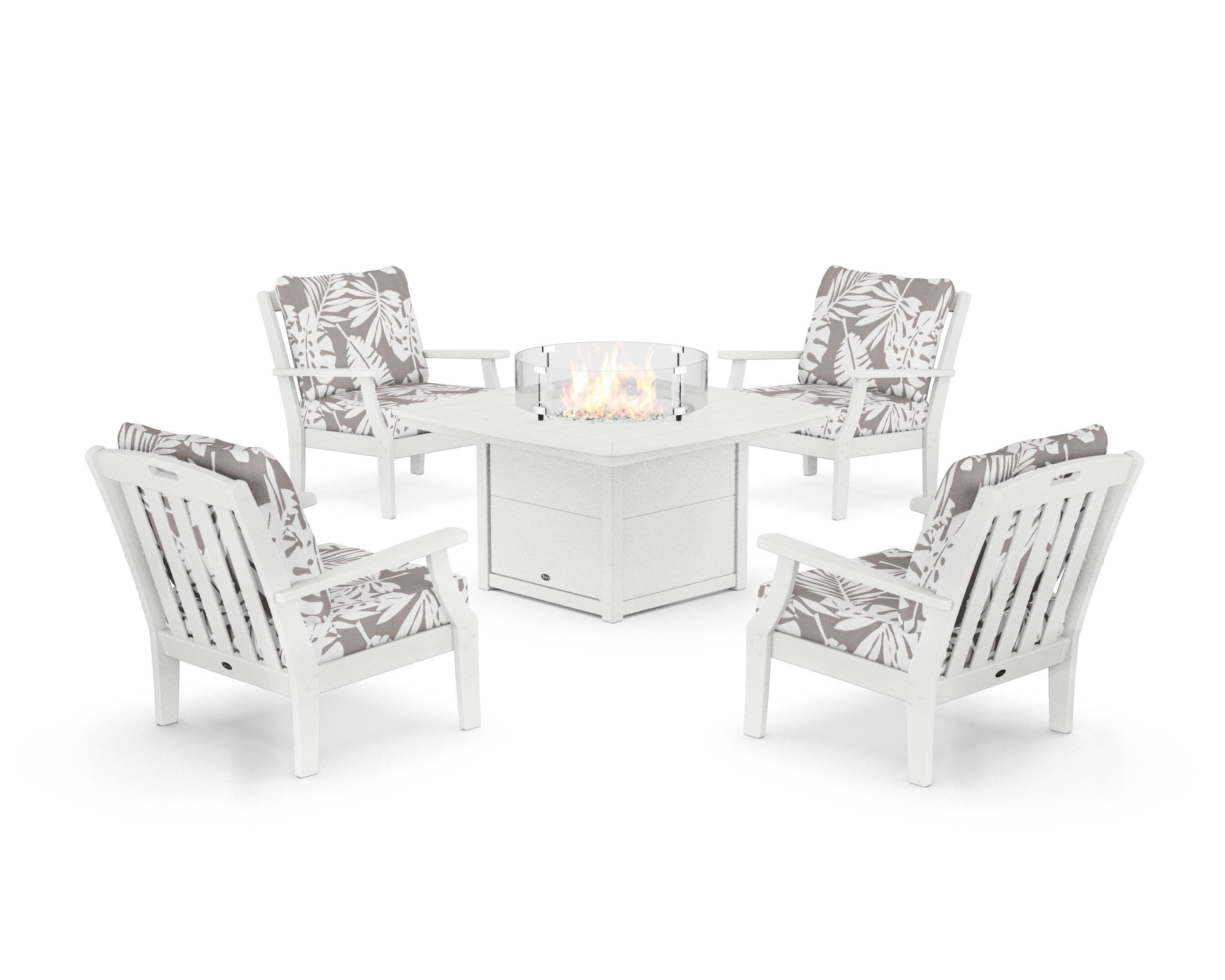 Yacht Club 5-Piece Deep Seating Set with Fire Pit Table in Classic White / Leaf Grey Mist