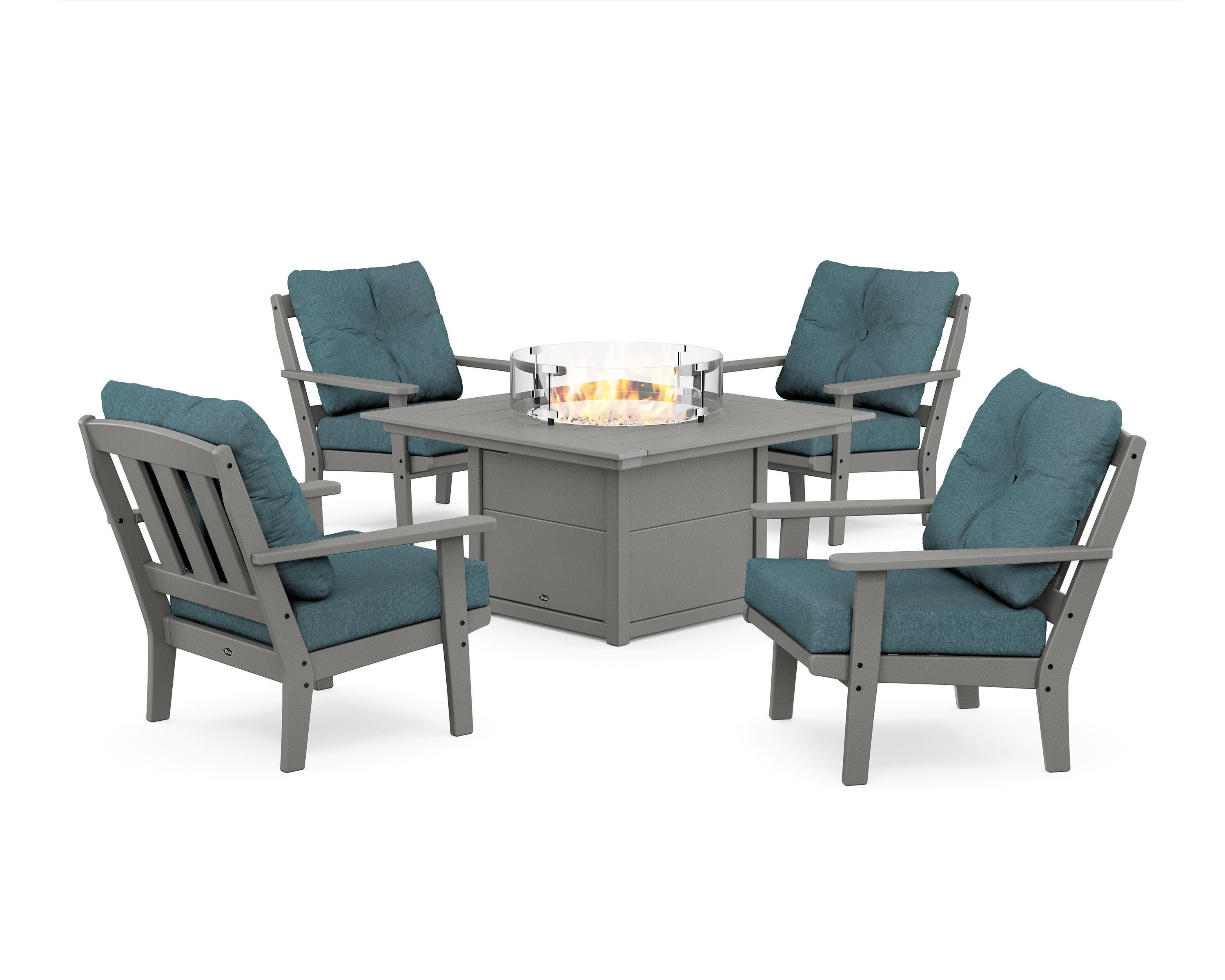 Cape Cod 5-Piece Deep Seating Set with Fire Pit Table in Stepping Stone / Ocean Teal