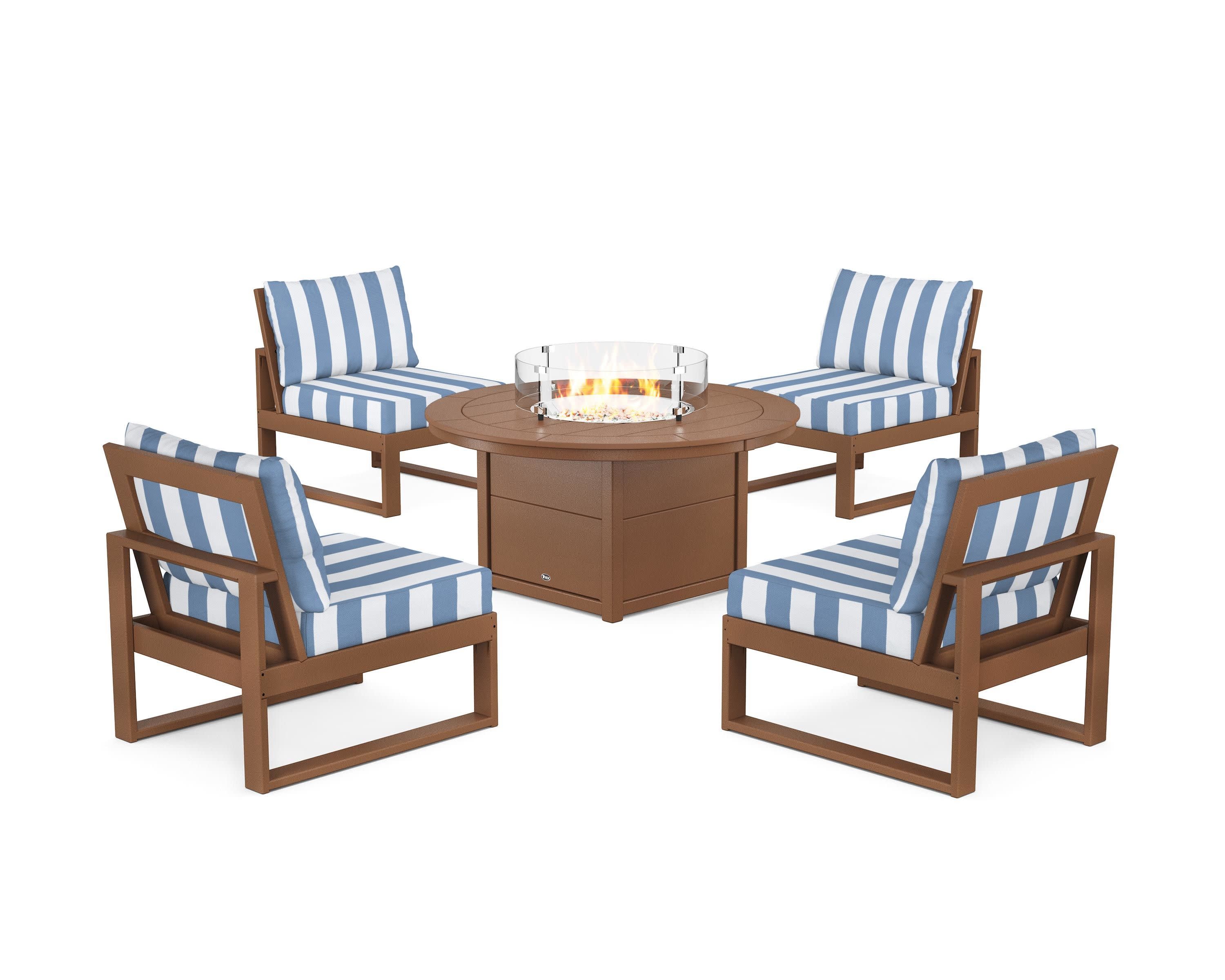 Eastport Modular 5-Piece Deep Seating Set with Round Fire Pit Table in Tree House / Cabana Stripe Sky Blue