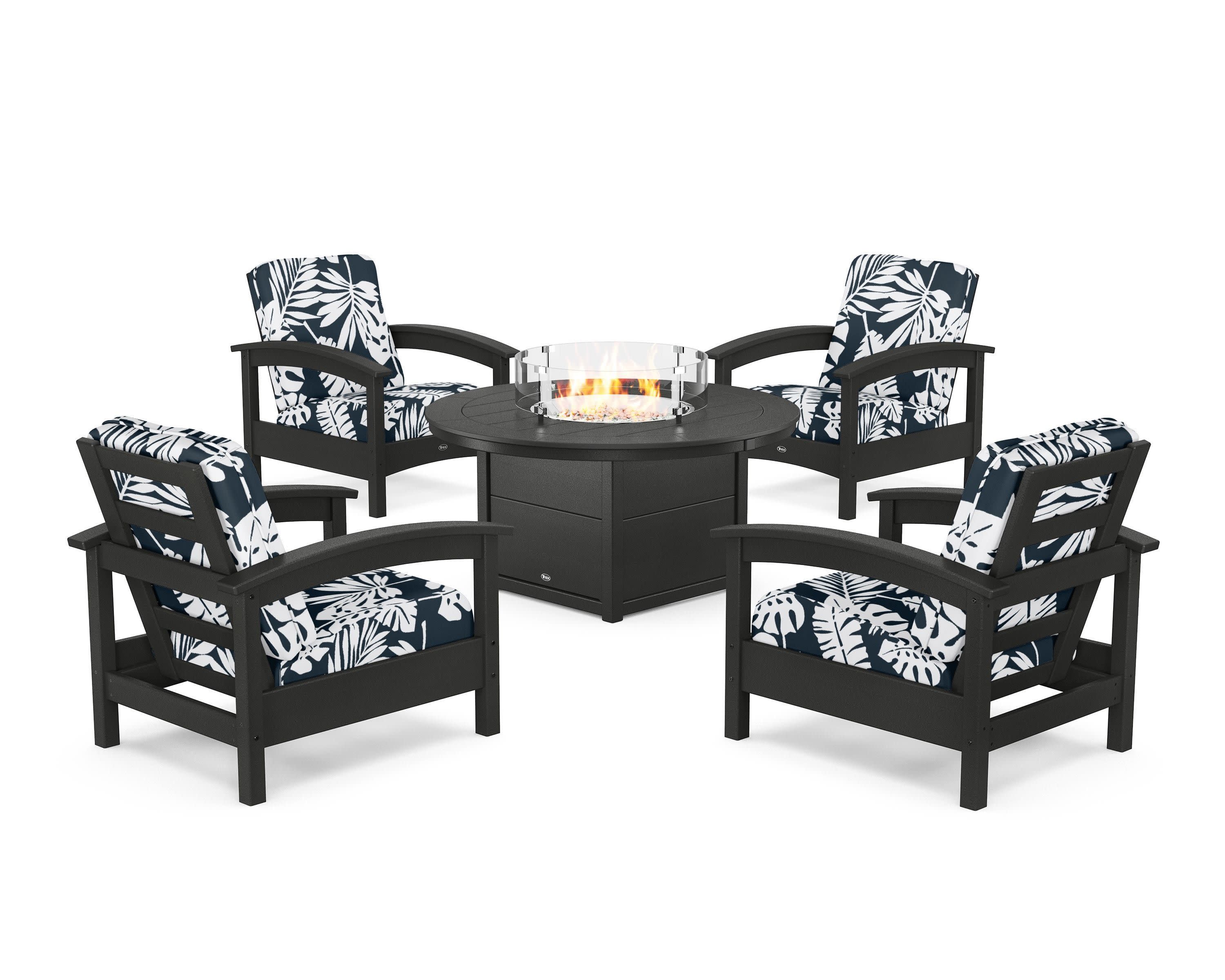 Rockport 5-Piece Deep Seating Set with Round Fire Pit Table in Charcoal Black / Leaf Marine Indigo