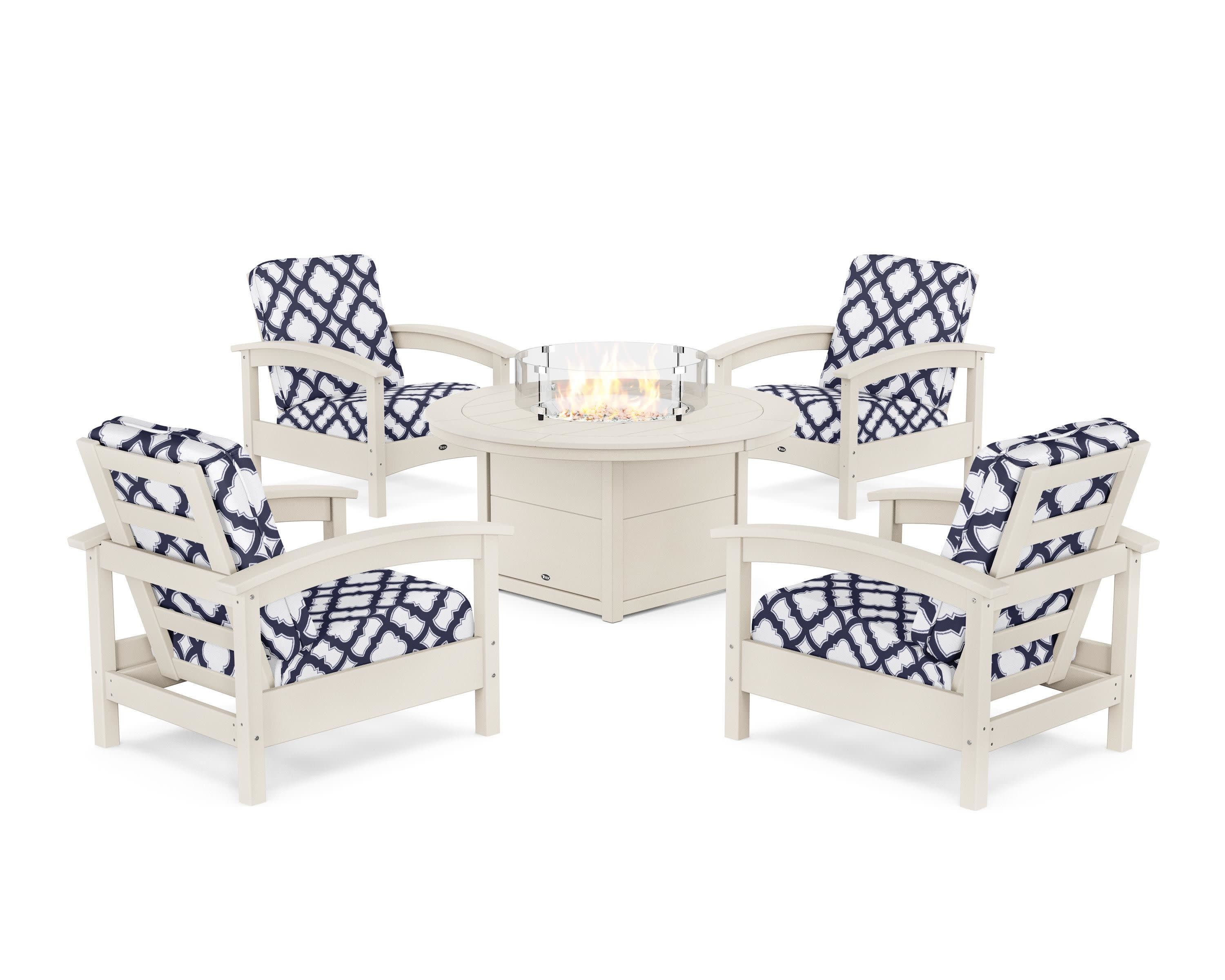 Rockport 5-Piece Deep Seating Set with Round Fire Pit Table in Sand Castle / Trellis Navy