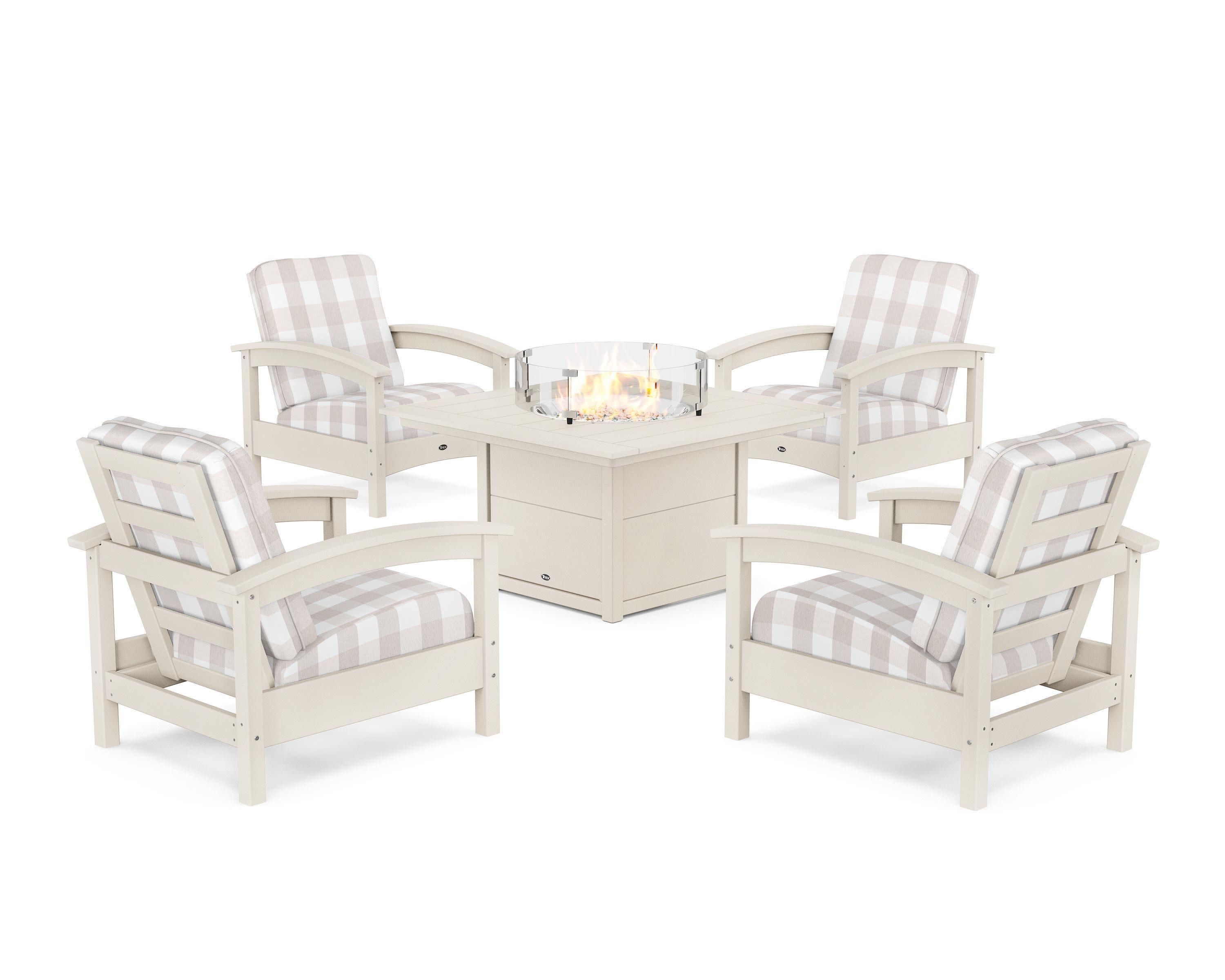 Rockport 5-Piece Deep Seating Set with Square Fire Pit Table in Sand Castle / Buffalo Plaid Dune Burlap