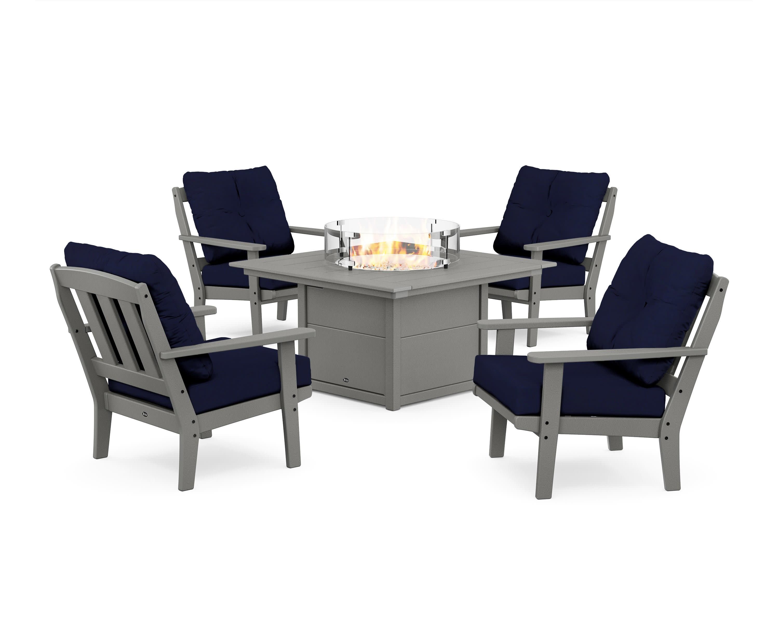 Cape Cod 5-Piece Deep Seating Set with Fire Pit Table in Stepping Stone / Navy