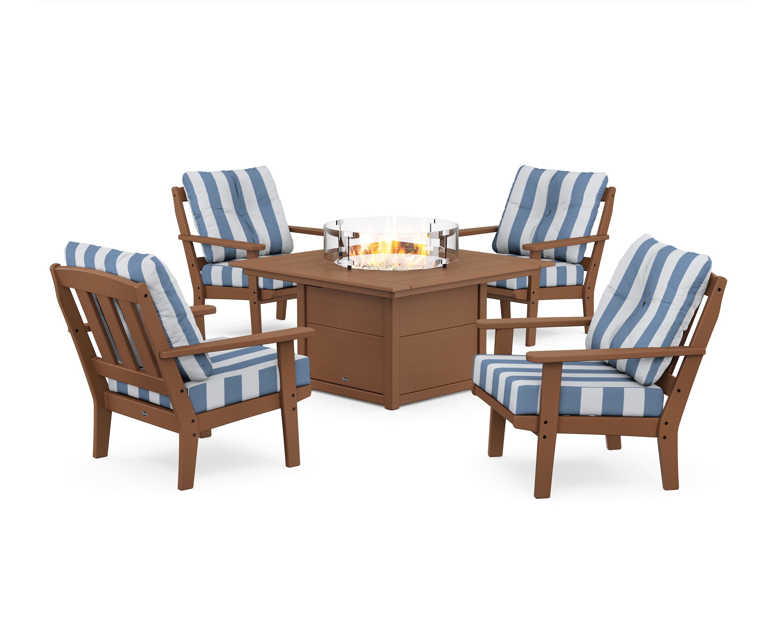 Cape Cod 5-Piece Deep Seating Set with Fire Pit Table in Tree House / Cabana Stripe Sky Blue