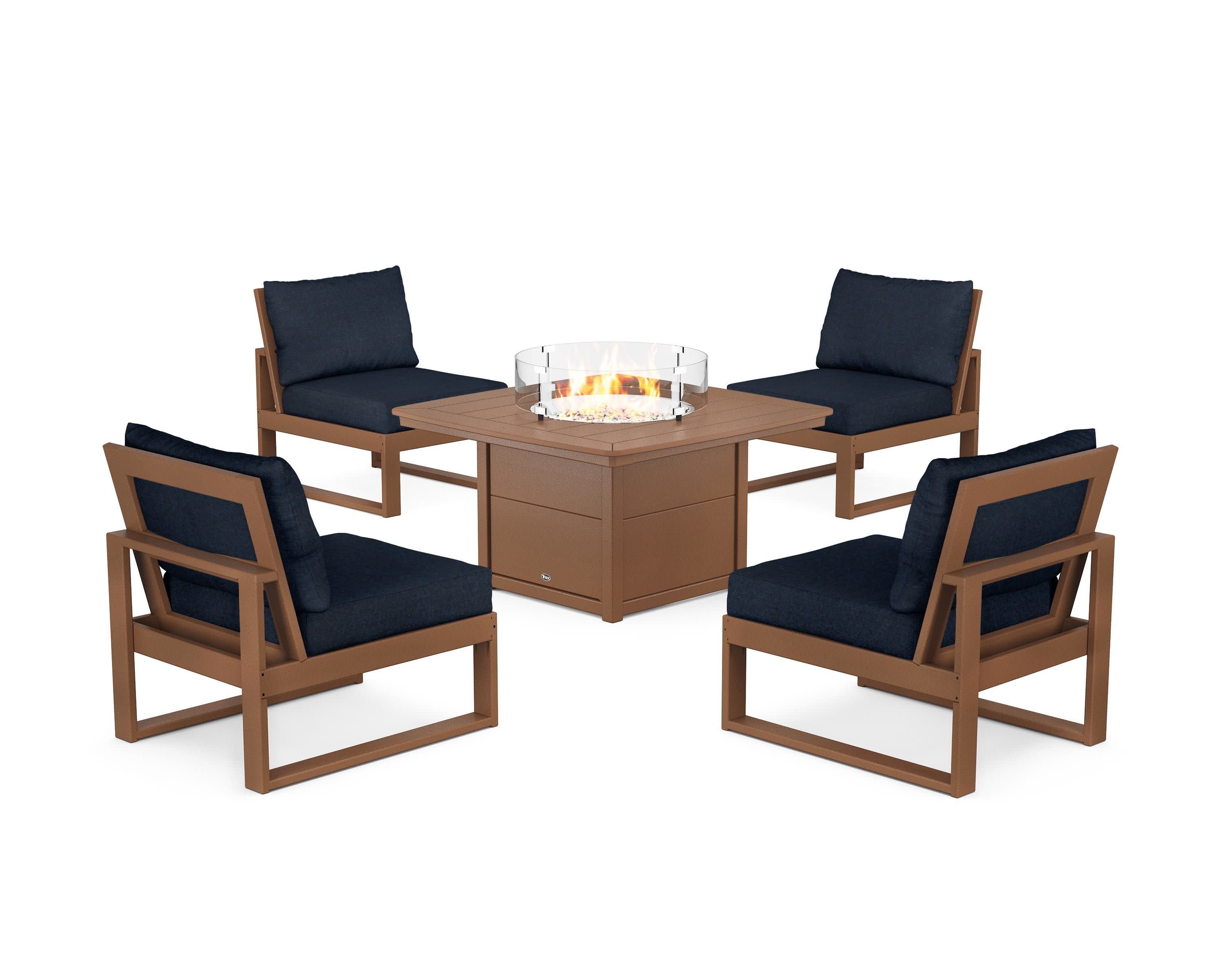 Eastport Modular 5-Piece Deep Seating Set with Yacht Club Fire Pit Table in Tree House / Marine Indigo
