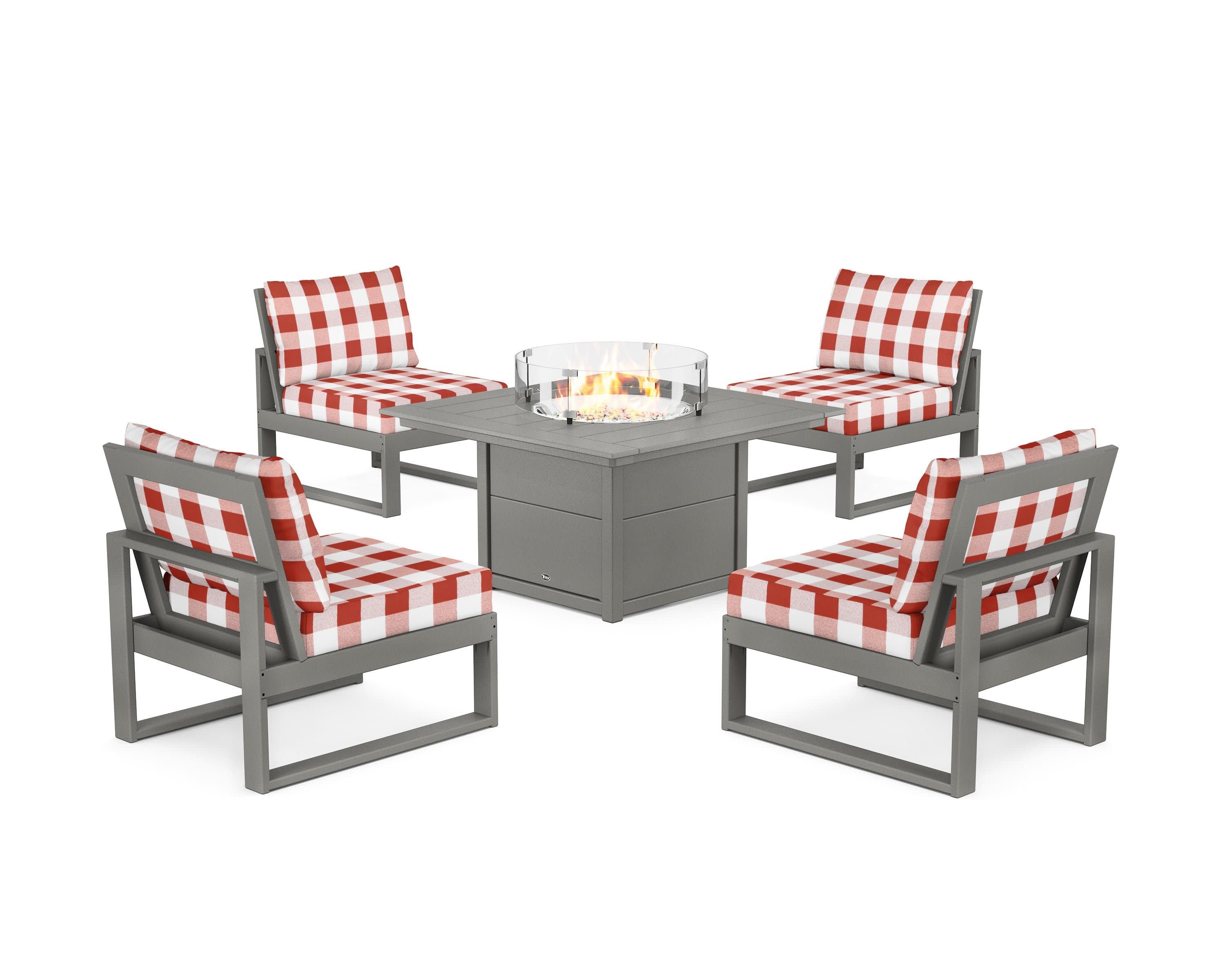Eastport Modular 5-Piece Deep Seating Set with Square Fire Pit Table in Stepping Stone / Buffalo Plaid Crimson
