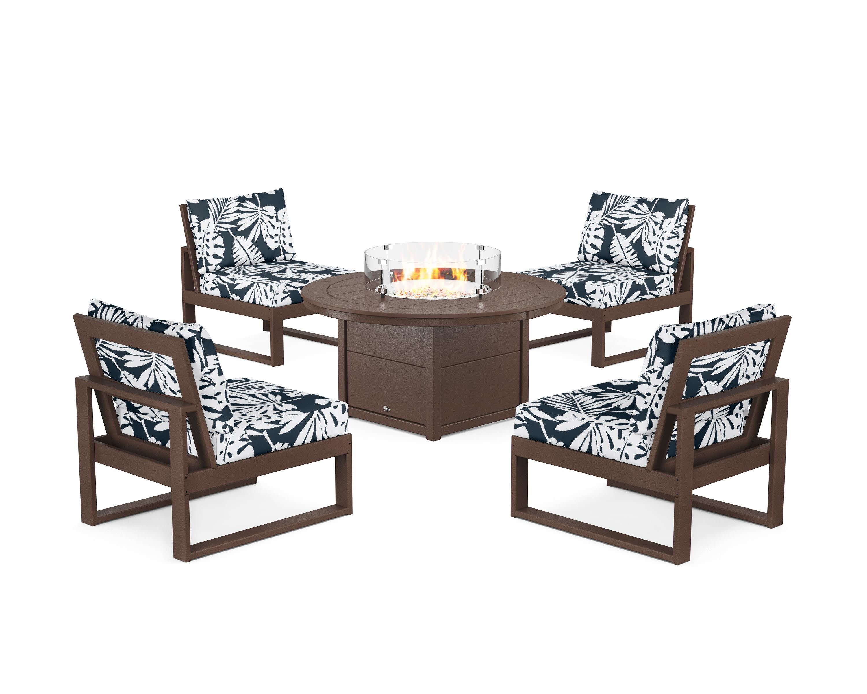Eastport Modular 5-Piece Deep Seating Set with Round Fire Pit Table in Vintage Lantern / Leaf Marine Indigo