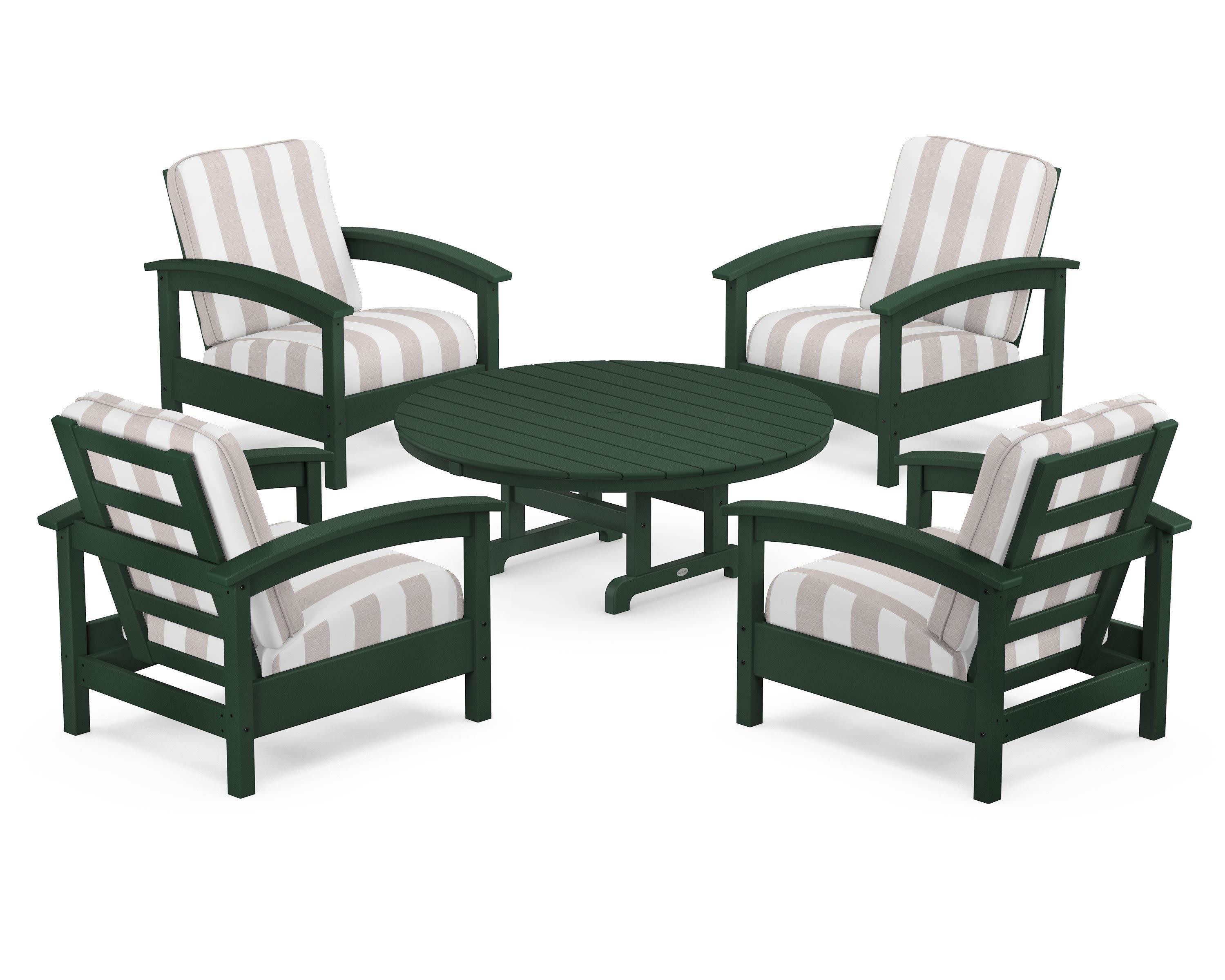 Rockport 5-Piece Deep Seating Set in Rainforest Canopy / Cabana Stripe Dune Burlap