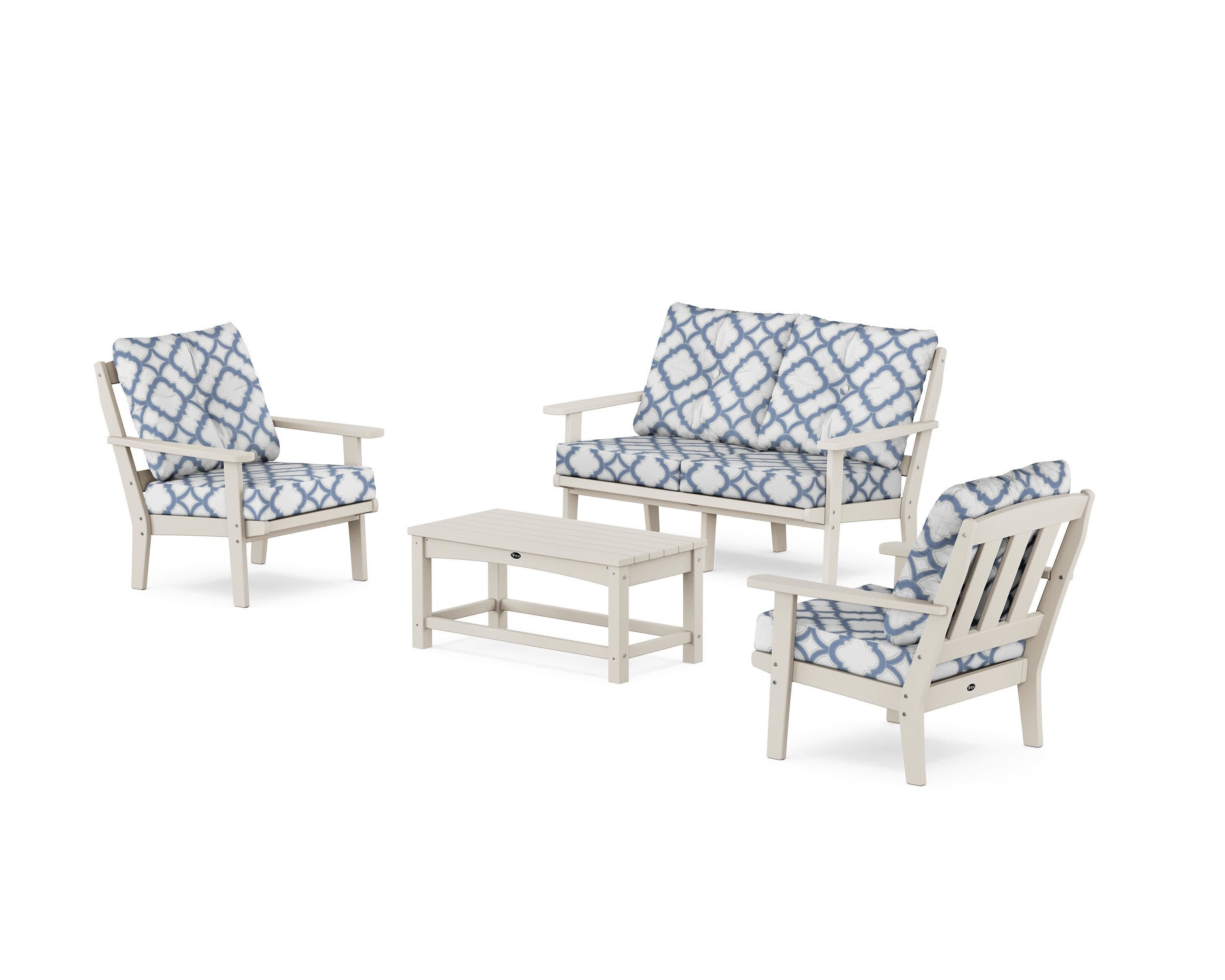 Cape Cod 4-Piece Deep Seating Set with Loveseat in Sand Castle / Trellis Sky Blue