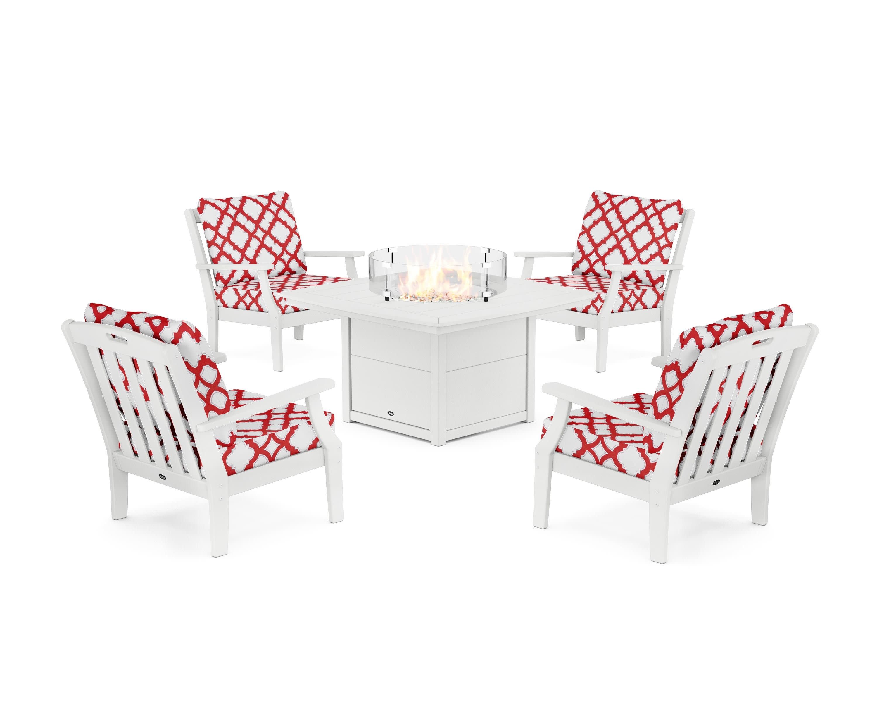 Yacht Club 5-Piece Deep Seating Set with Fire Pit Table in Classic White / Trellis Crimson
