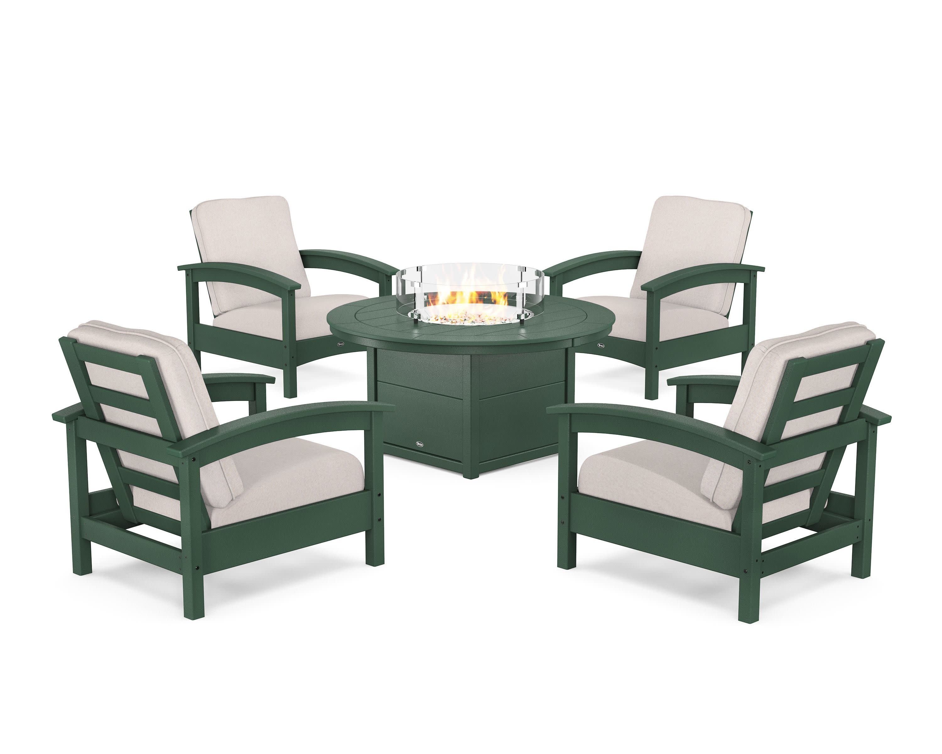 Rockport 5-Piece Deep Seating Set with Round Fire Pit Table in Rainforest Canopy / Dune Burlap