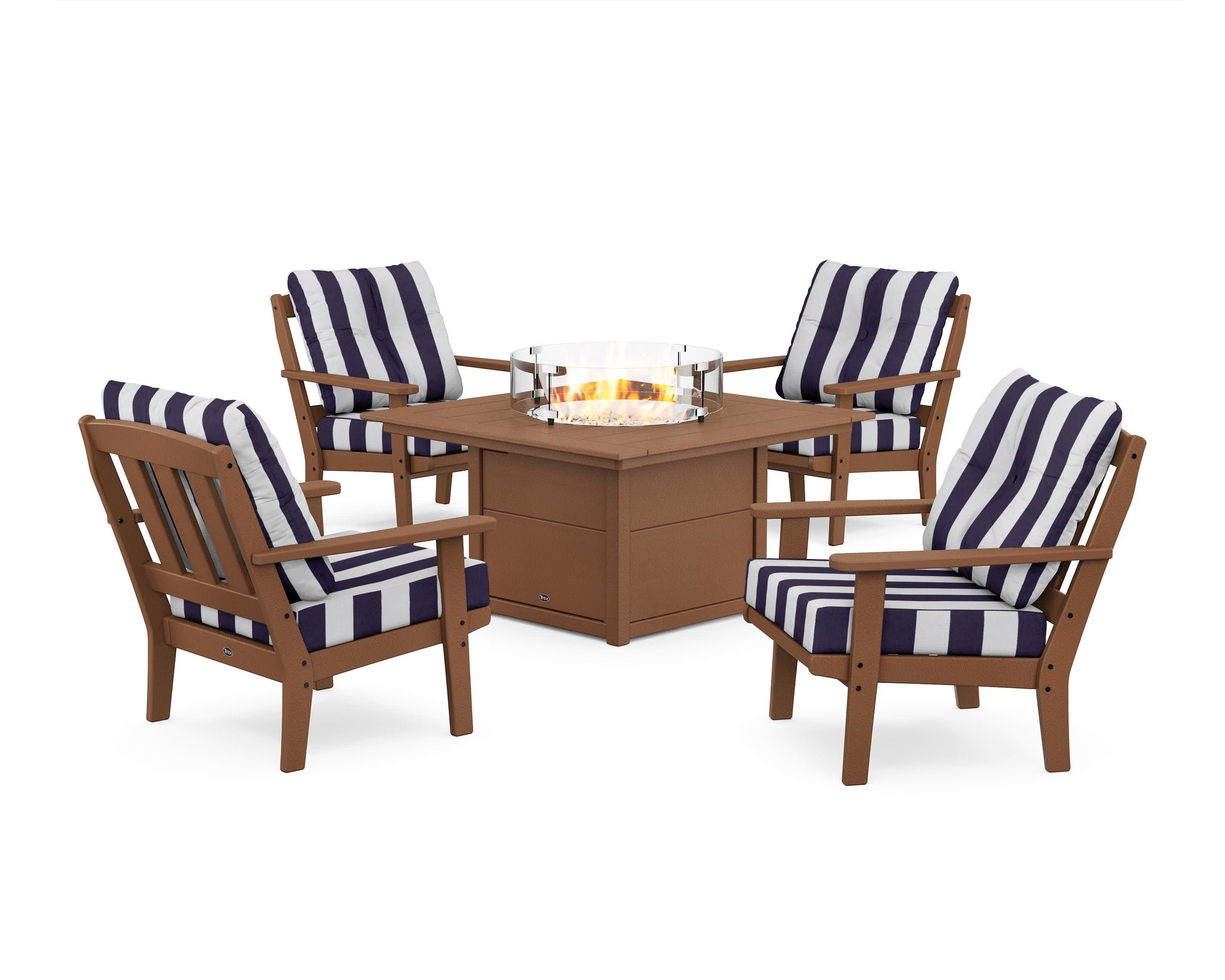Cape Cod 5-Piece Deep Seating Set with Fire Pit Table in Tree House / Cabana Stripe Navy