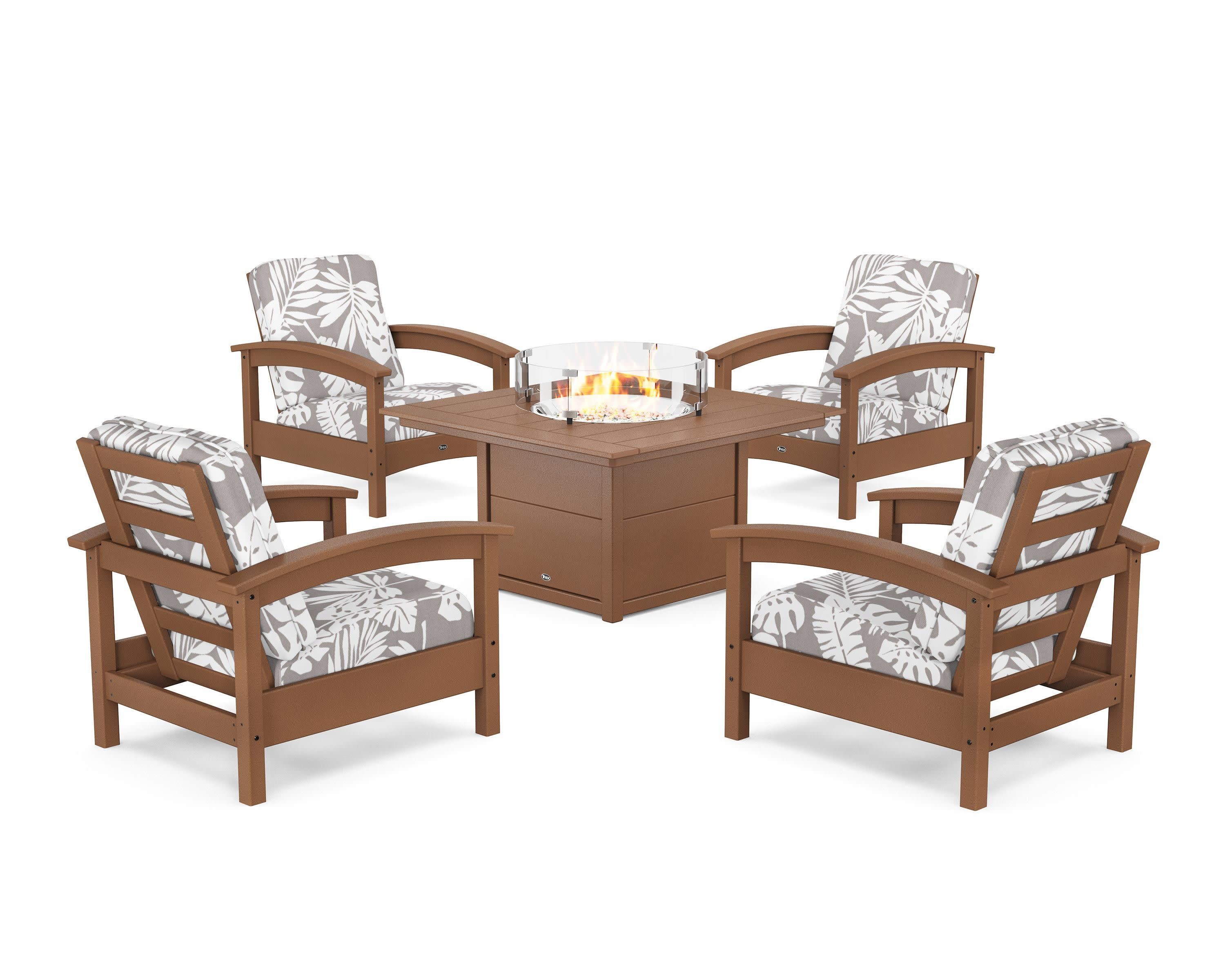 Rockport 5-Piece Deep Seating Set with Square Fire Pit Table in Tree House / Leaf Grey Mist