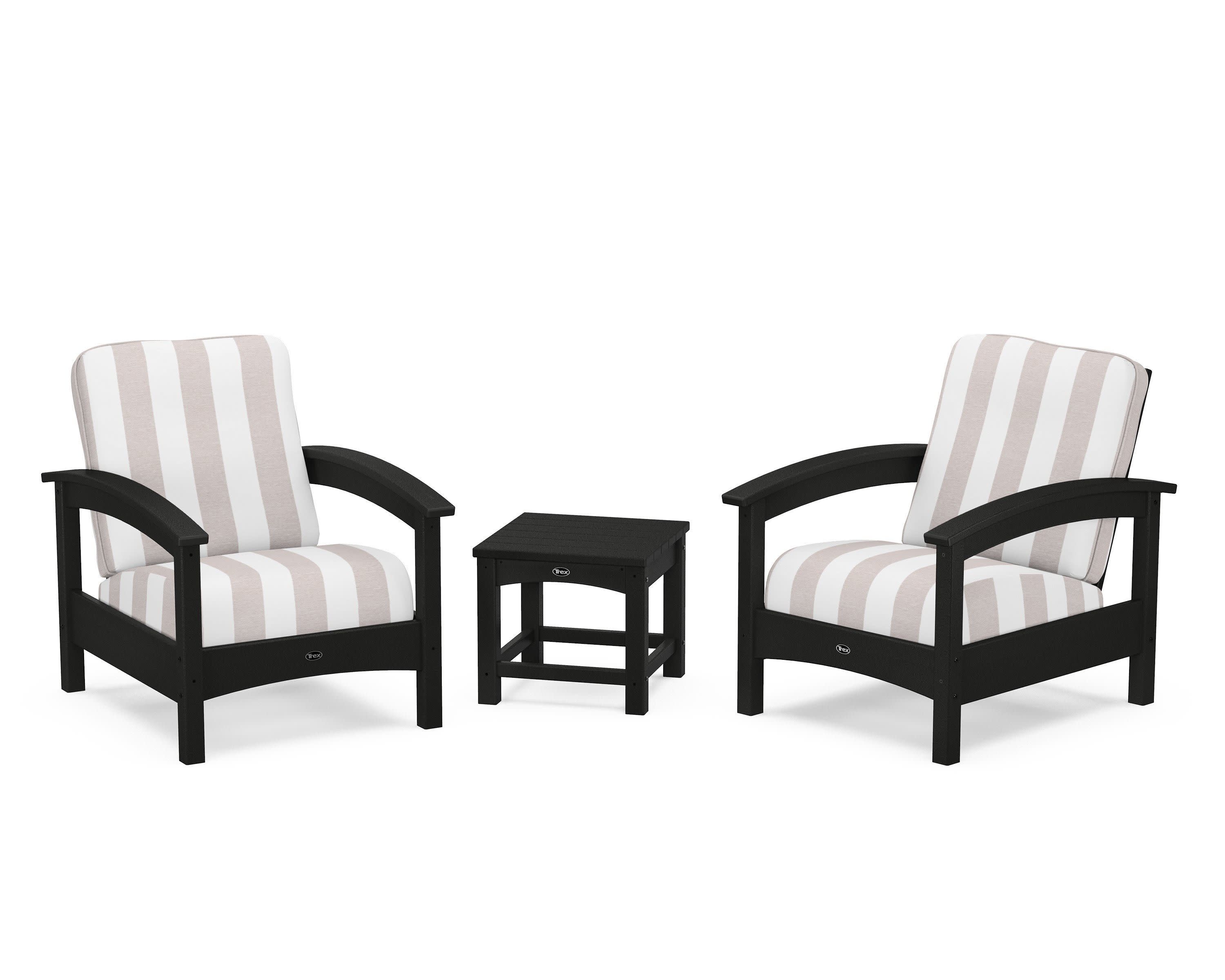 Rockport Club 3-Piece Deep Seating Conversation Set in Charcoal Black / Cabana Stripe Dune Burlap